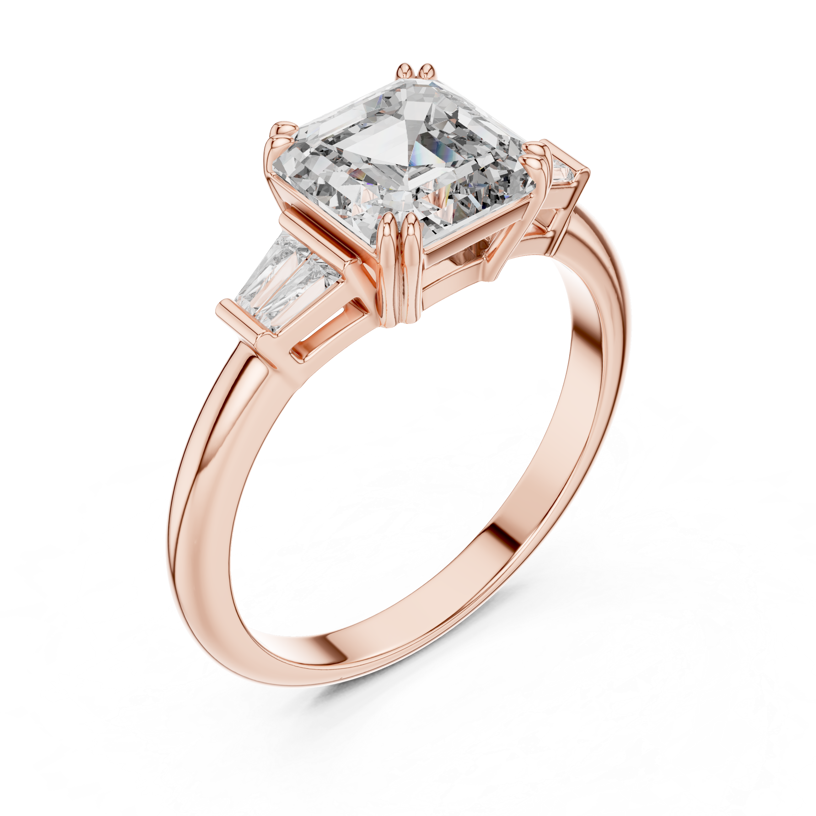 Rose gold ring with a large diamond and smaller gemstones on a white background