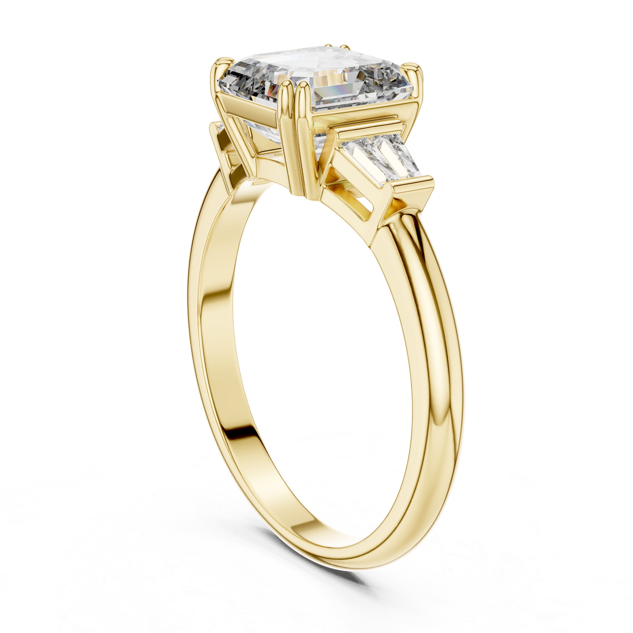 Gold ring with three diamond stones on a white background