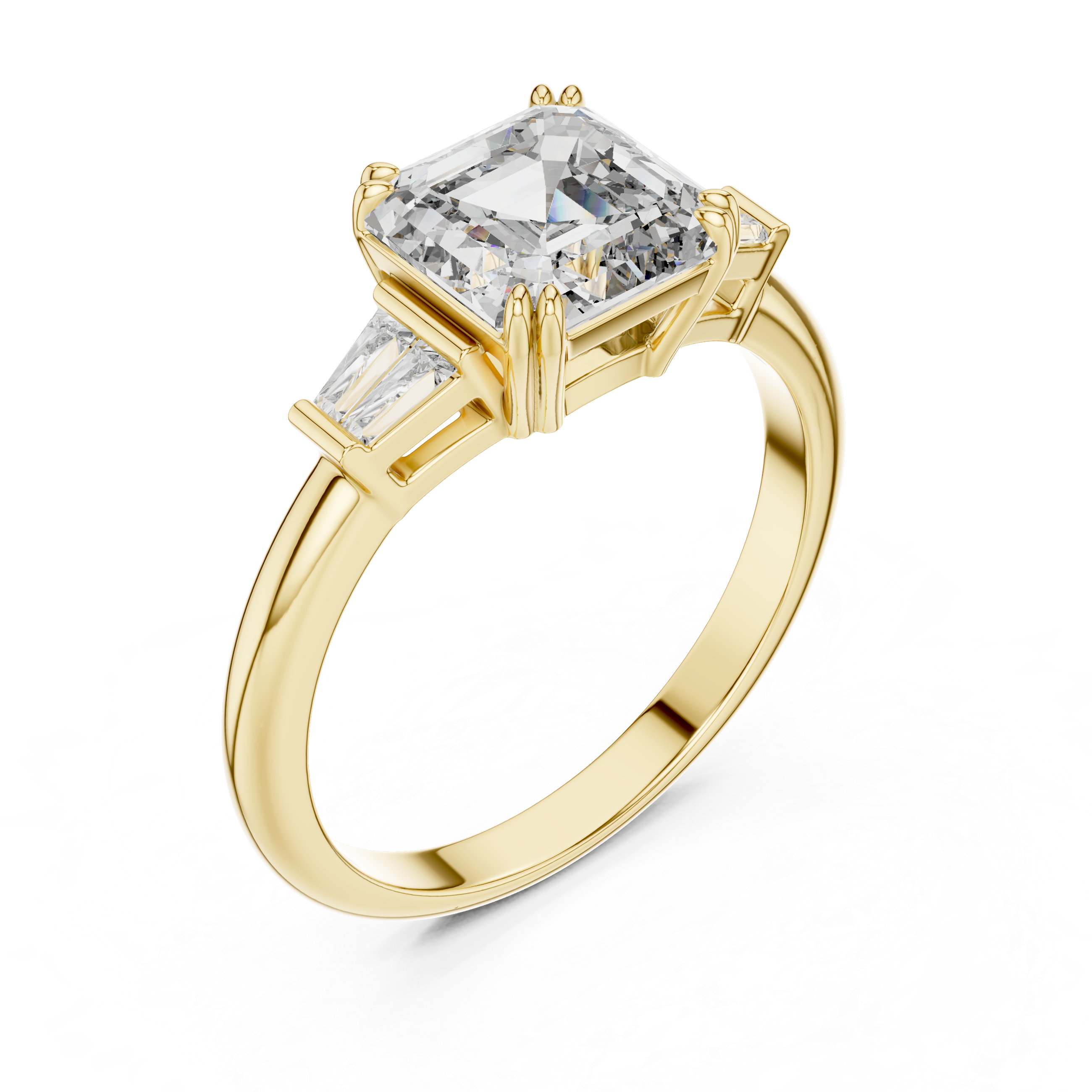 Gold ring with a large diamond and smaller baguette-cut diamonds on a white background