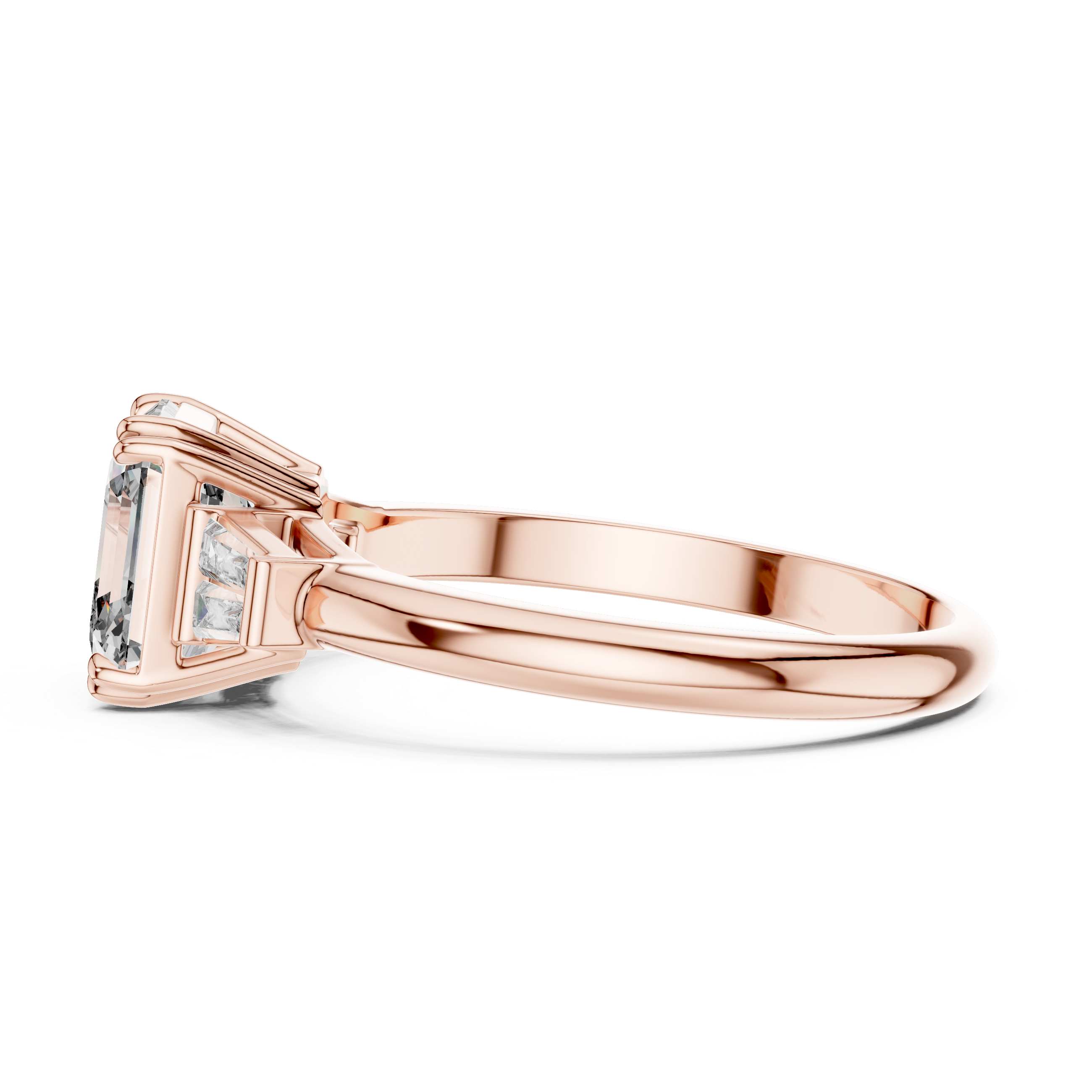 Rose gold ring with diamond accents on a white background
