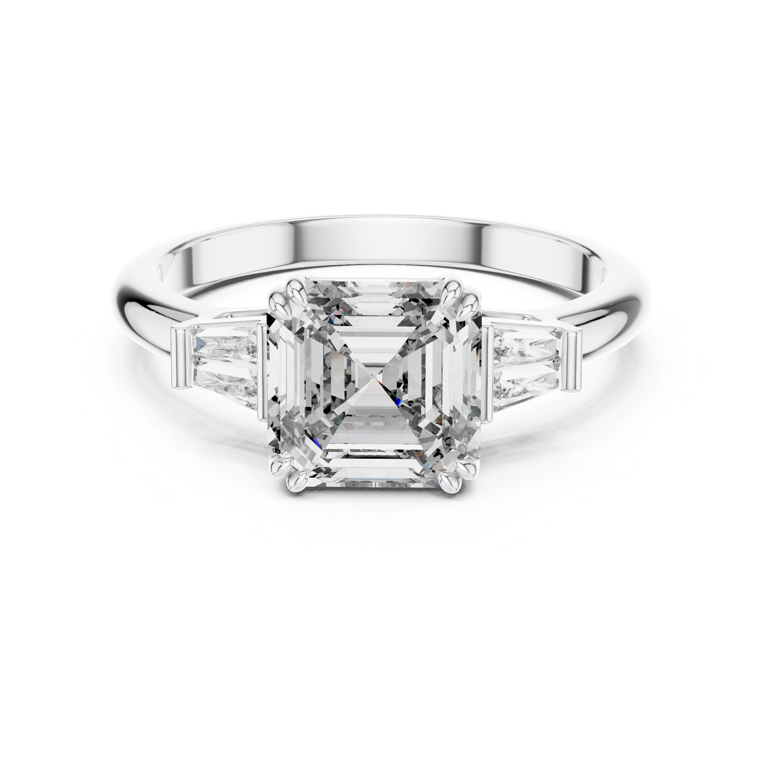 Diamond ring with a central emerald-cut diamond and baguette side stones on a white background