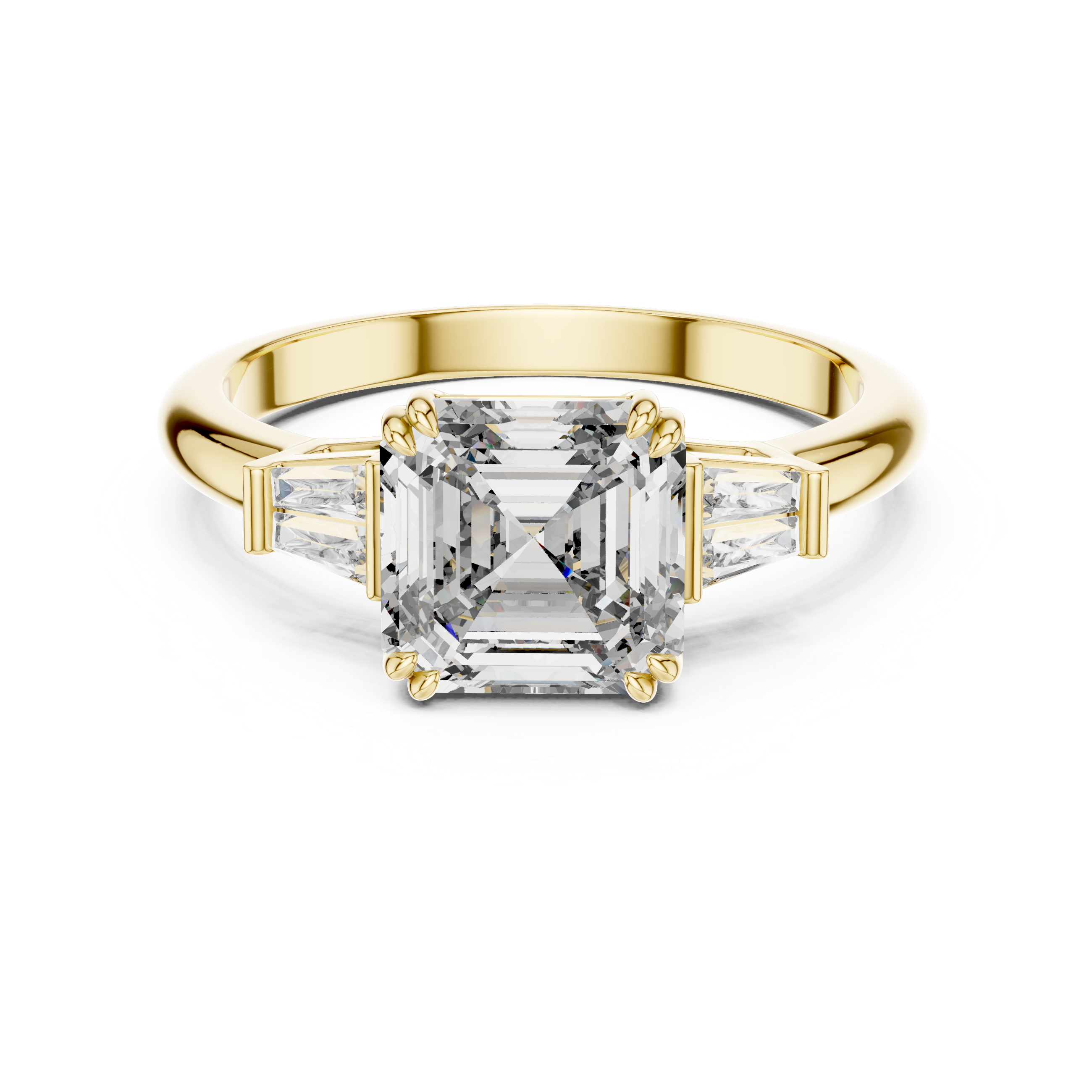Gold ring with a large diamond and smaller diamonds on the sides against a white background
