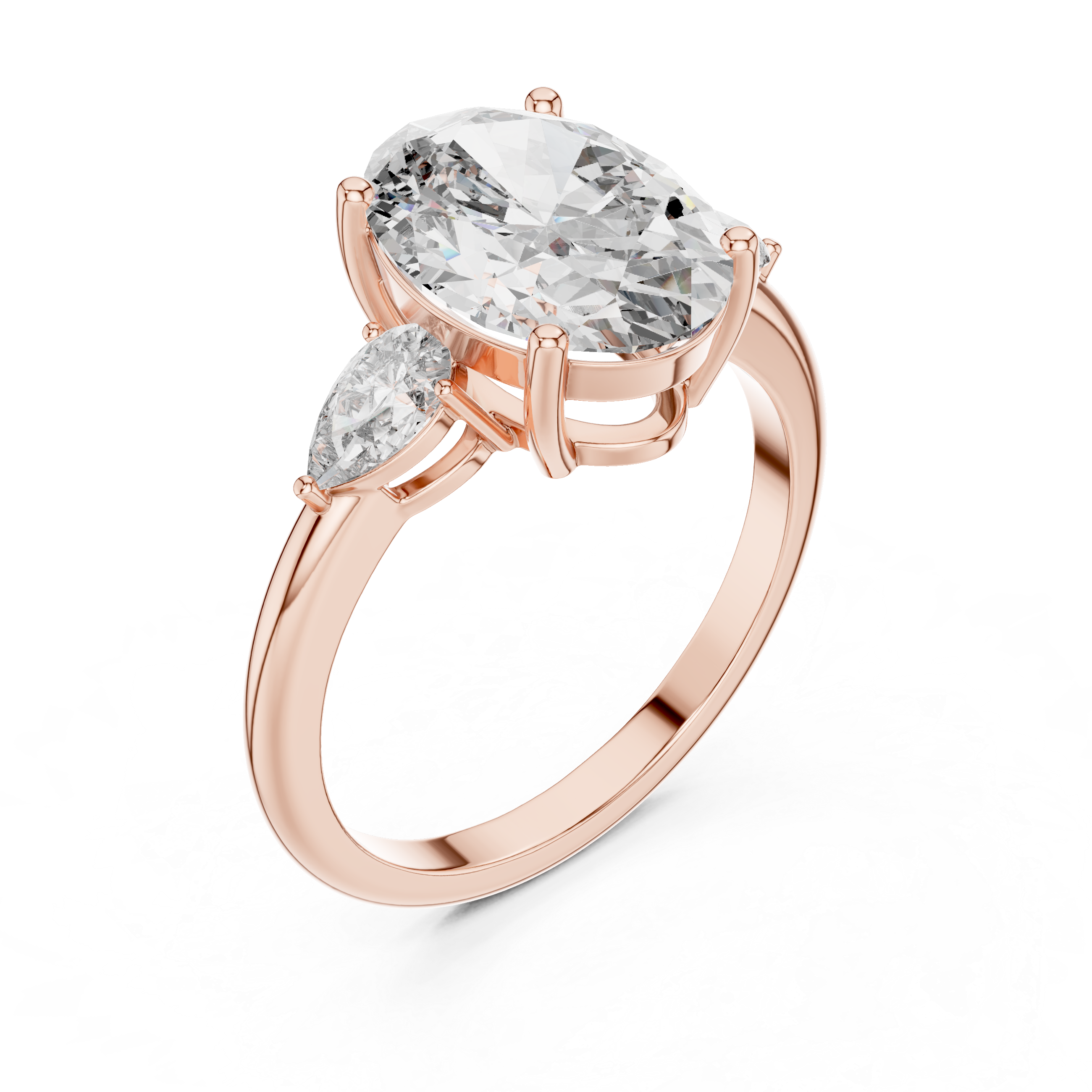Rose gold ring with a large diamond and smaller gemstones on a white background
