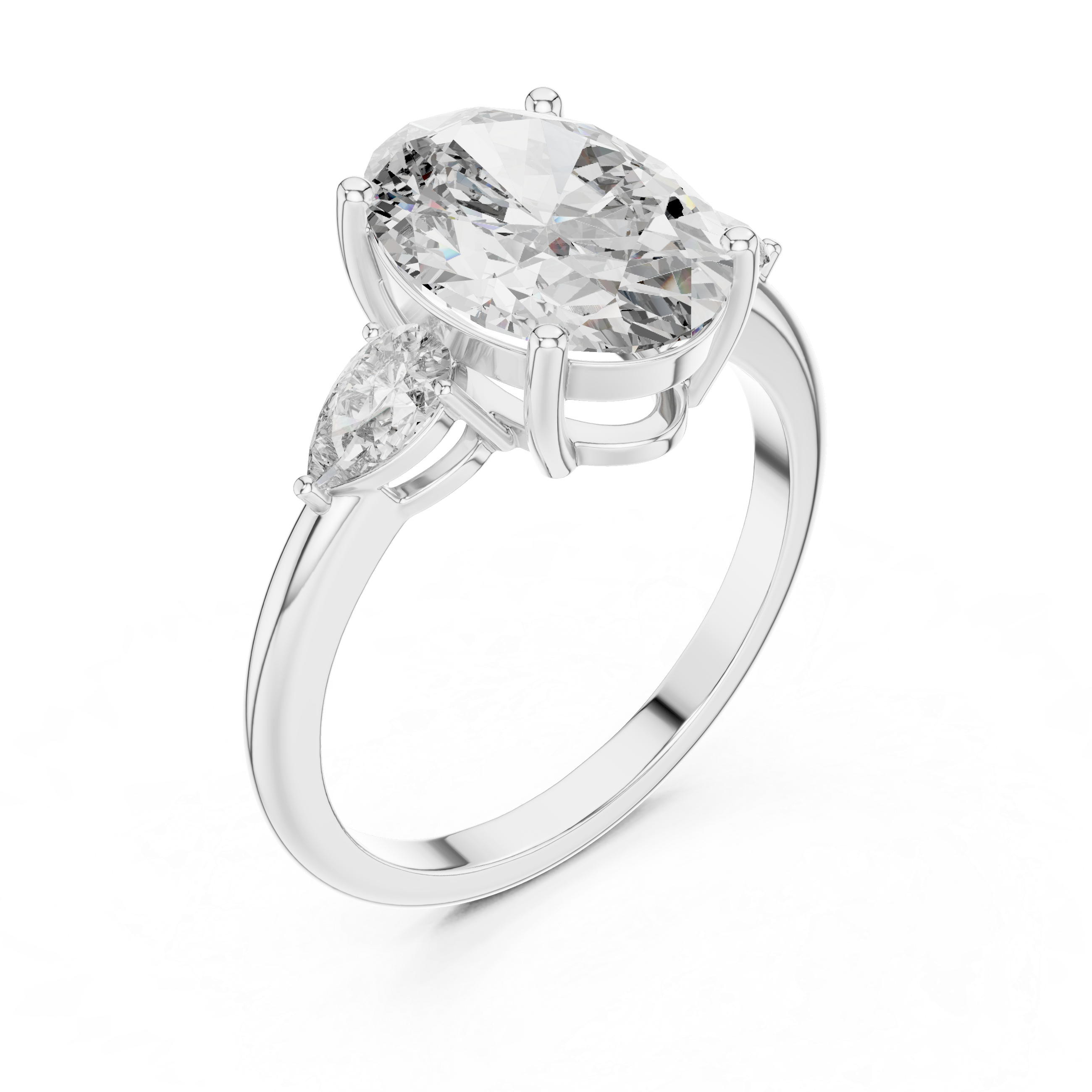 Diamond ring with a pear-shaped center stone on a white background