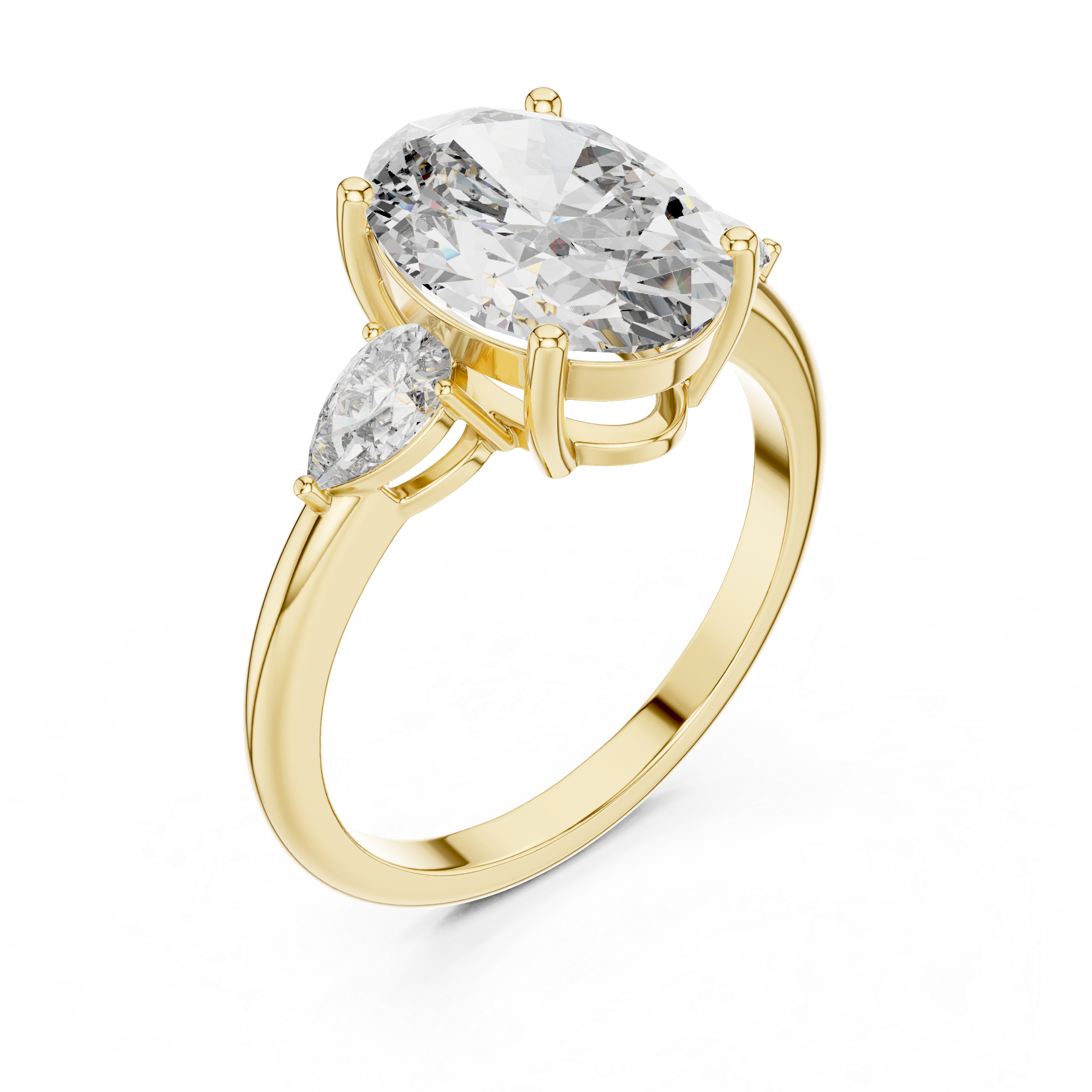 Gold ring with a large diamond and smaller stones on a white background