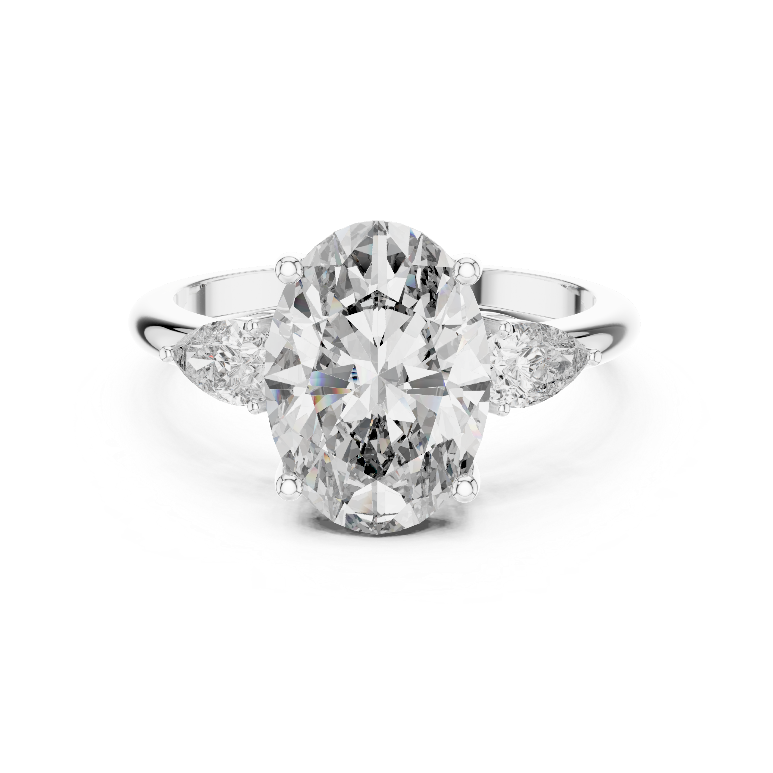 Diamond ring with a pear-shaped center stone on a white background