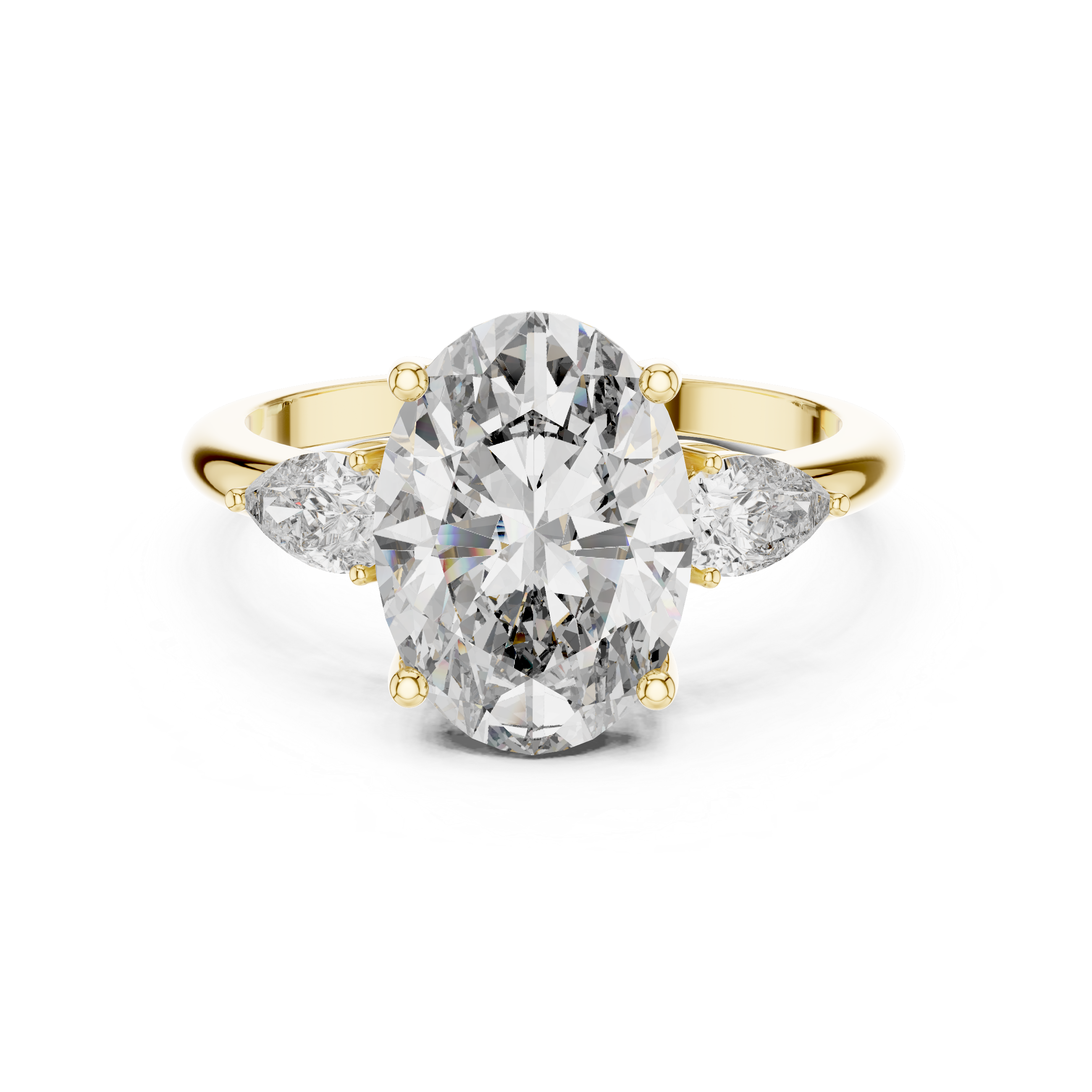 Gold ring with a large diamond and smaller diamonds on the sides against a white background