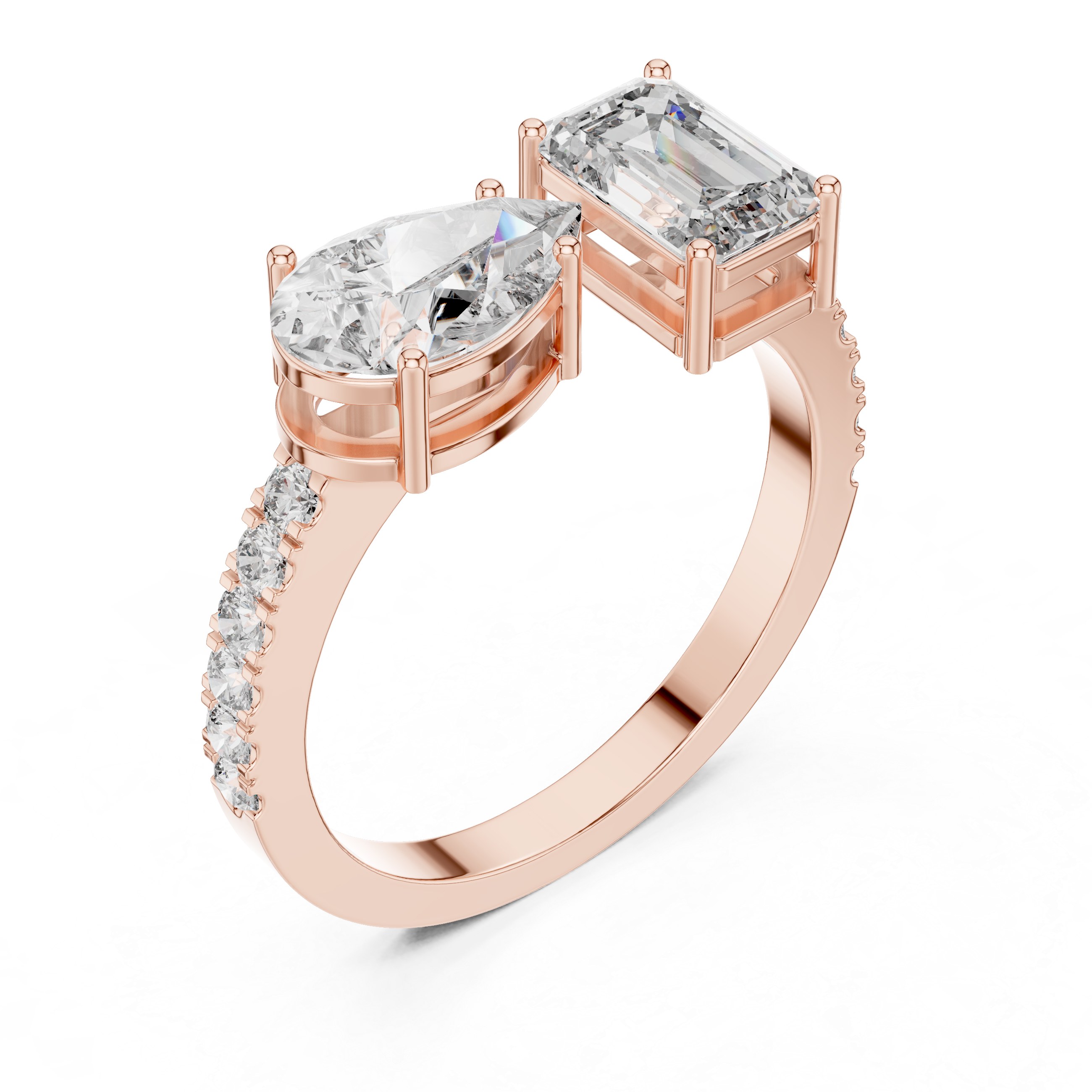 Rose gold ring with two large diamond stones on a white background