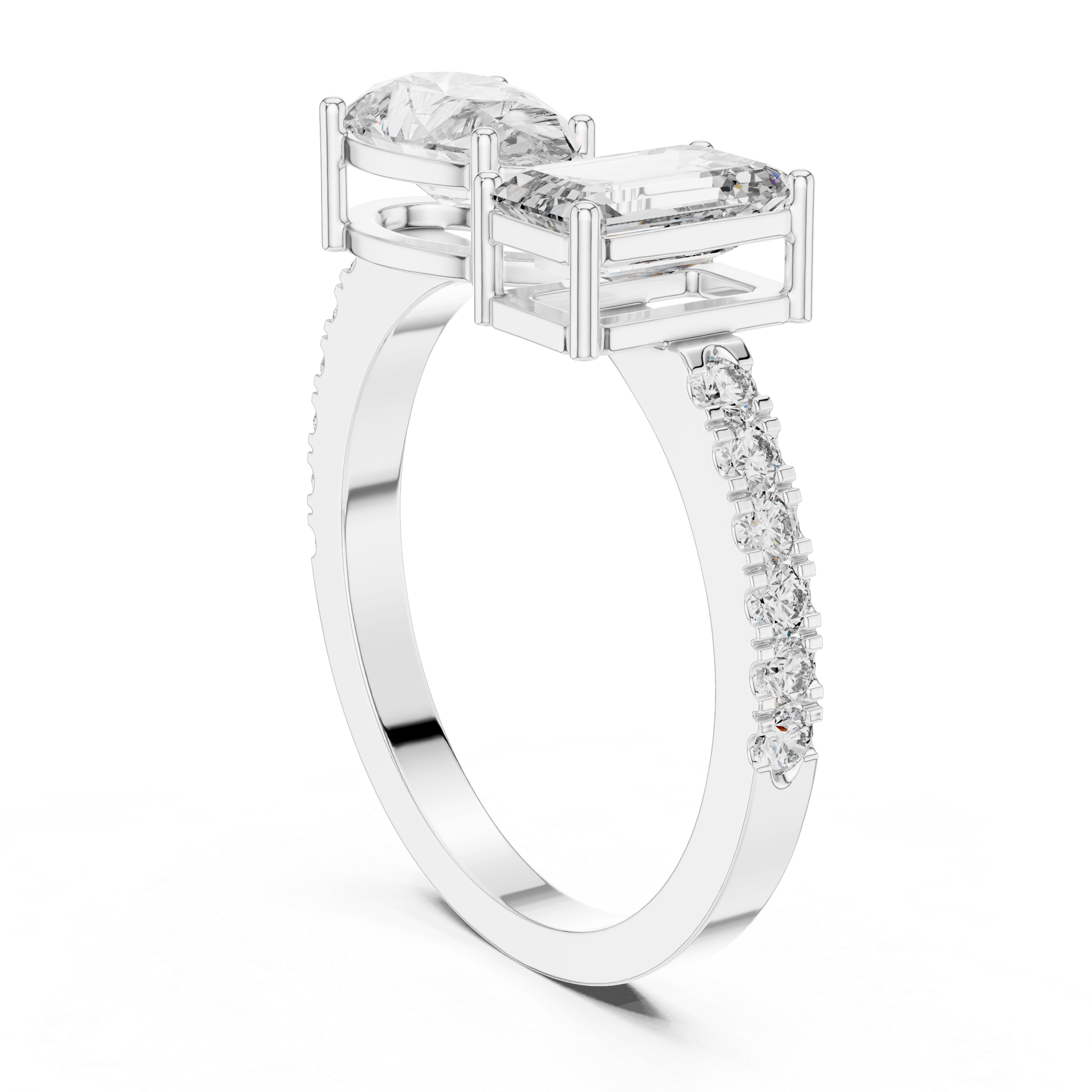 Diamond ring with a rectangular center stone and smaller stones on the band against a white background