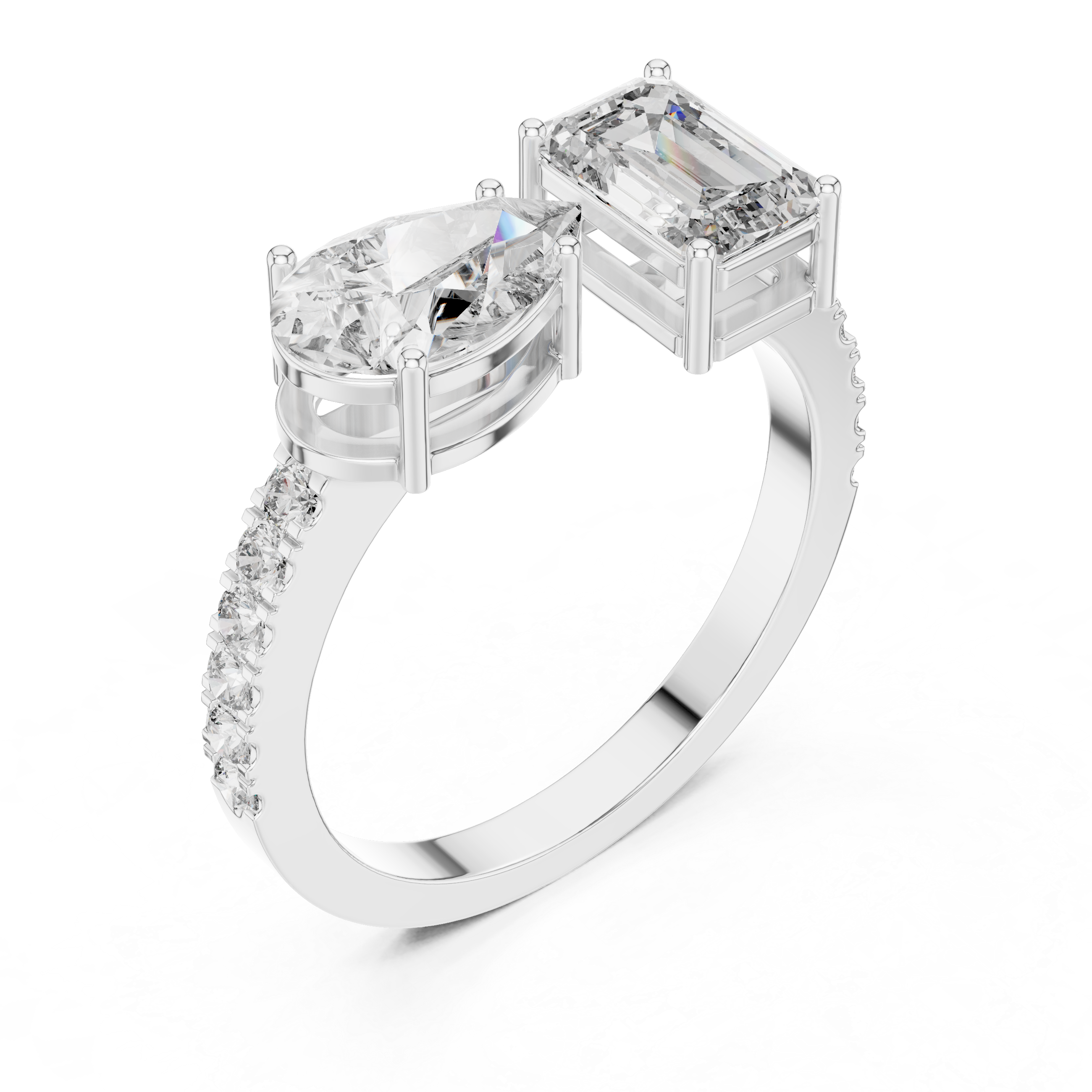 Diamond ring with two prominent gemstones on a white background