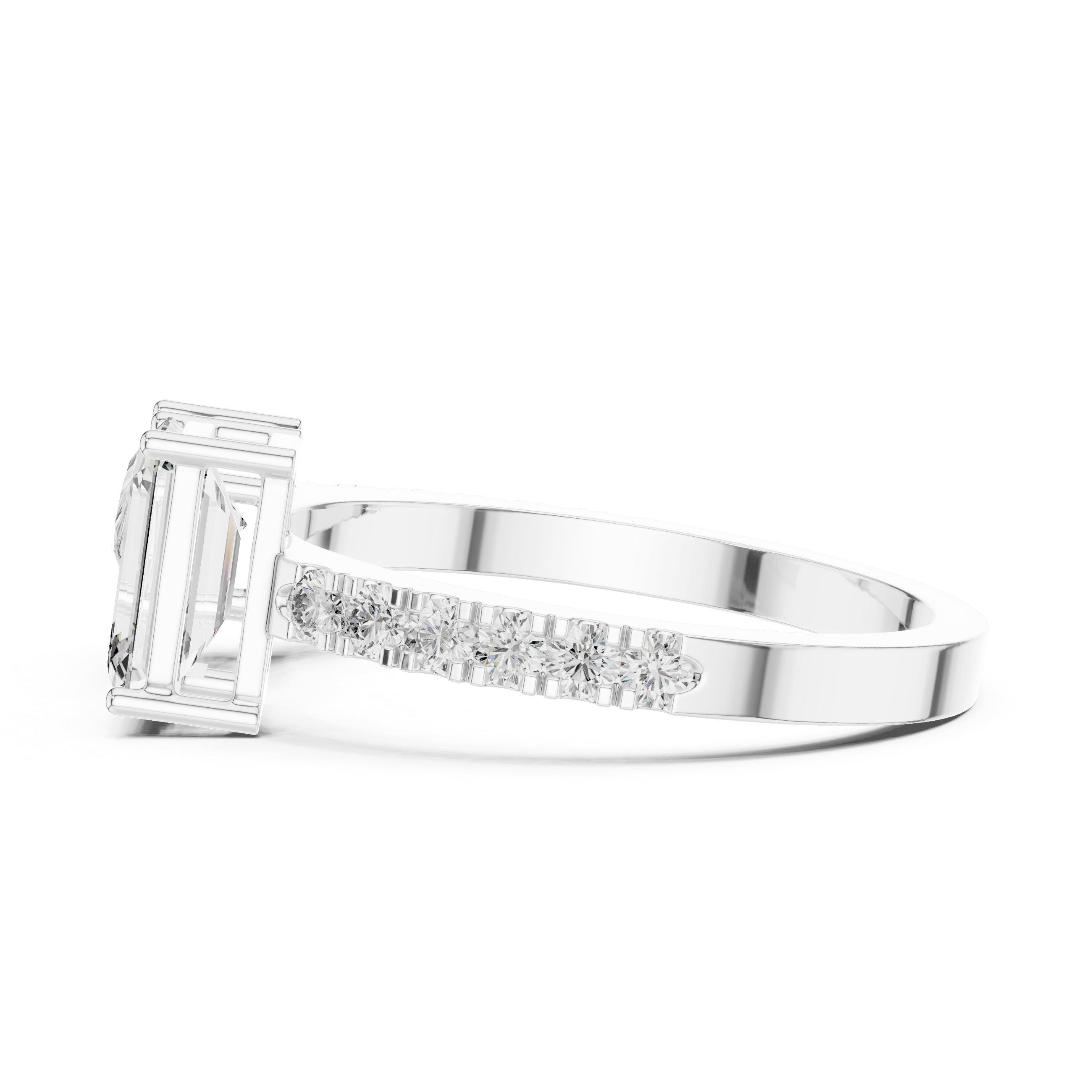 Silver ring with a rectangular diamond on a white background