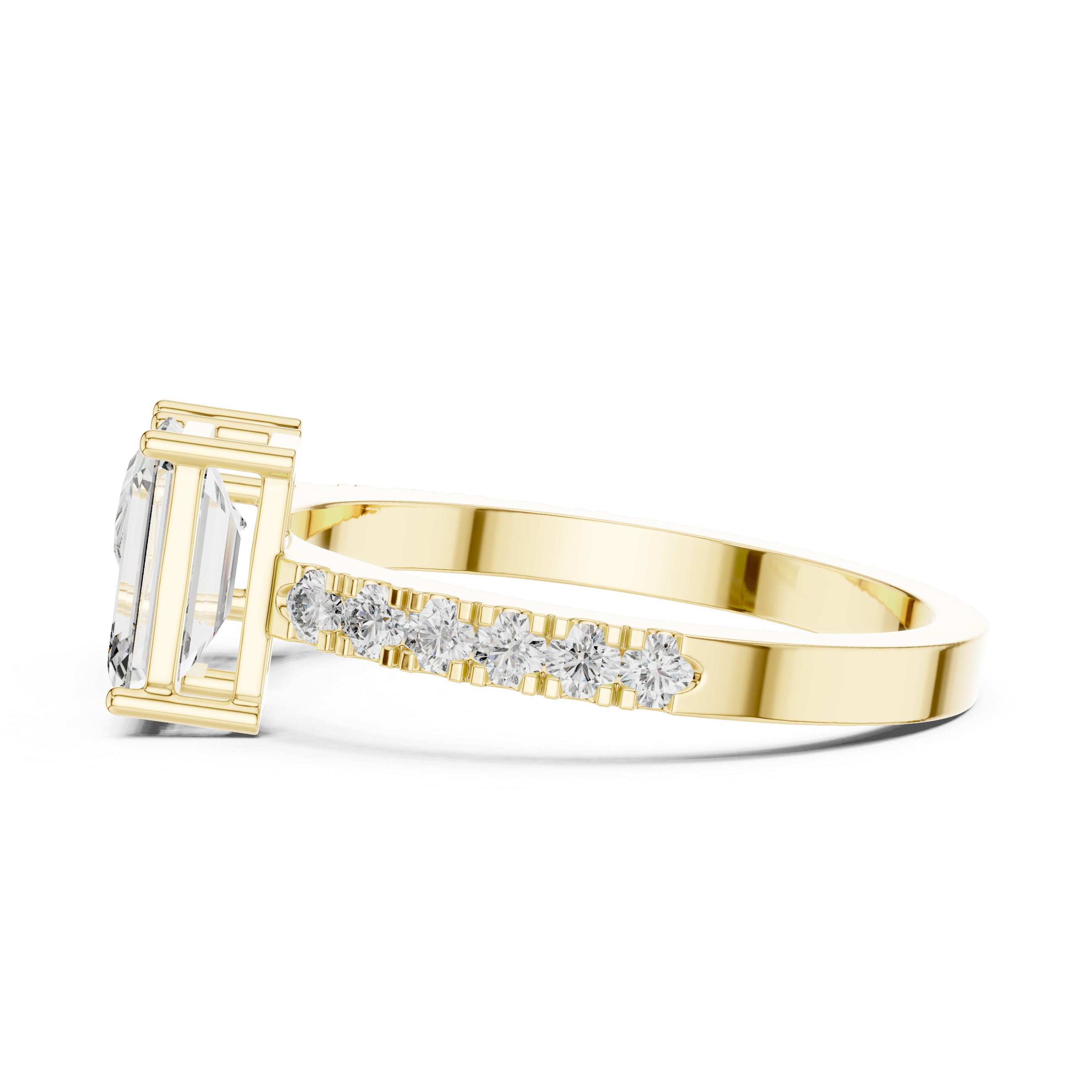 Gold ring with a rectangular diamond and smaller diamonds on a white background