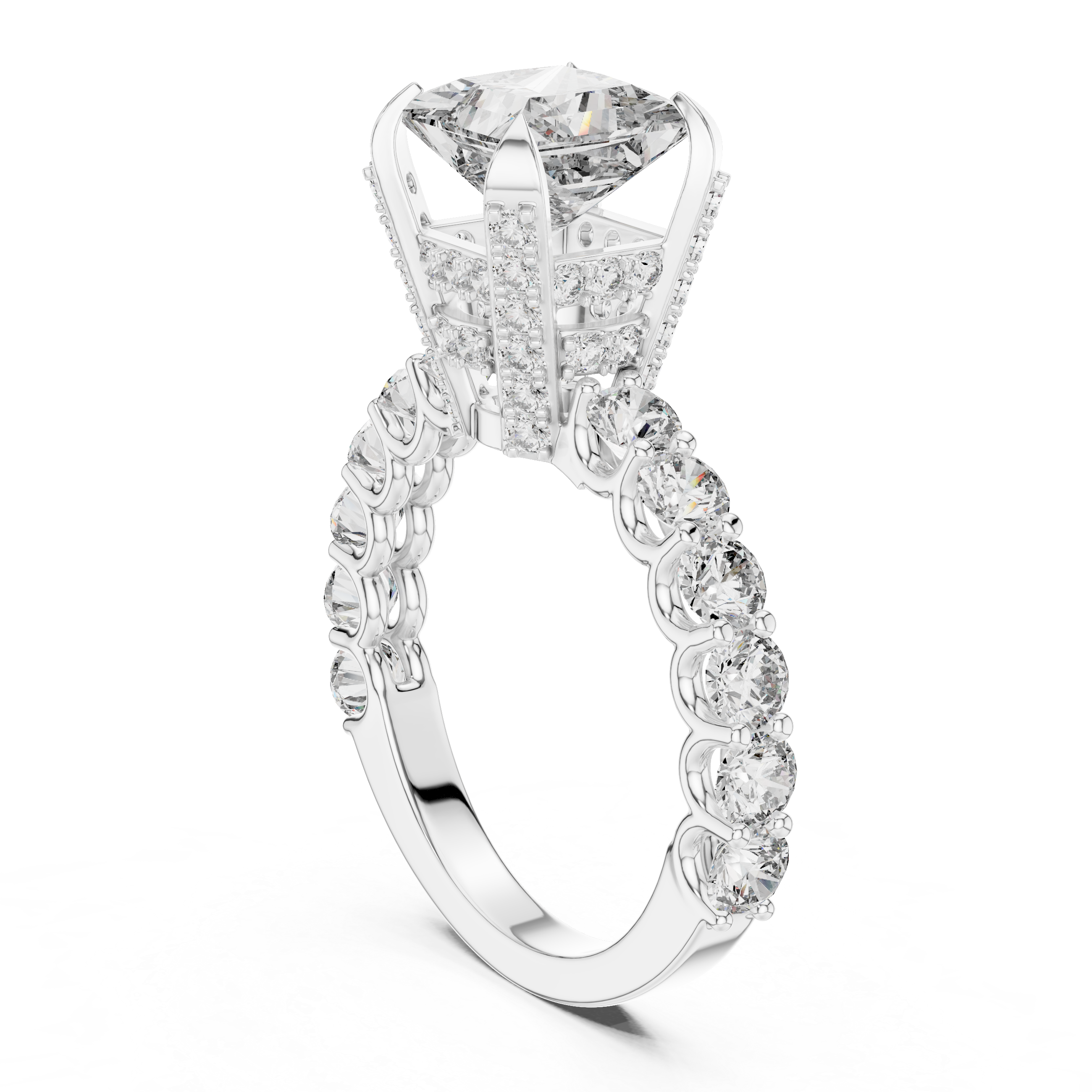 Diamond ring with a prominent center stone and smaller stones on the band against a white background