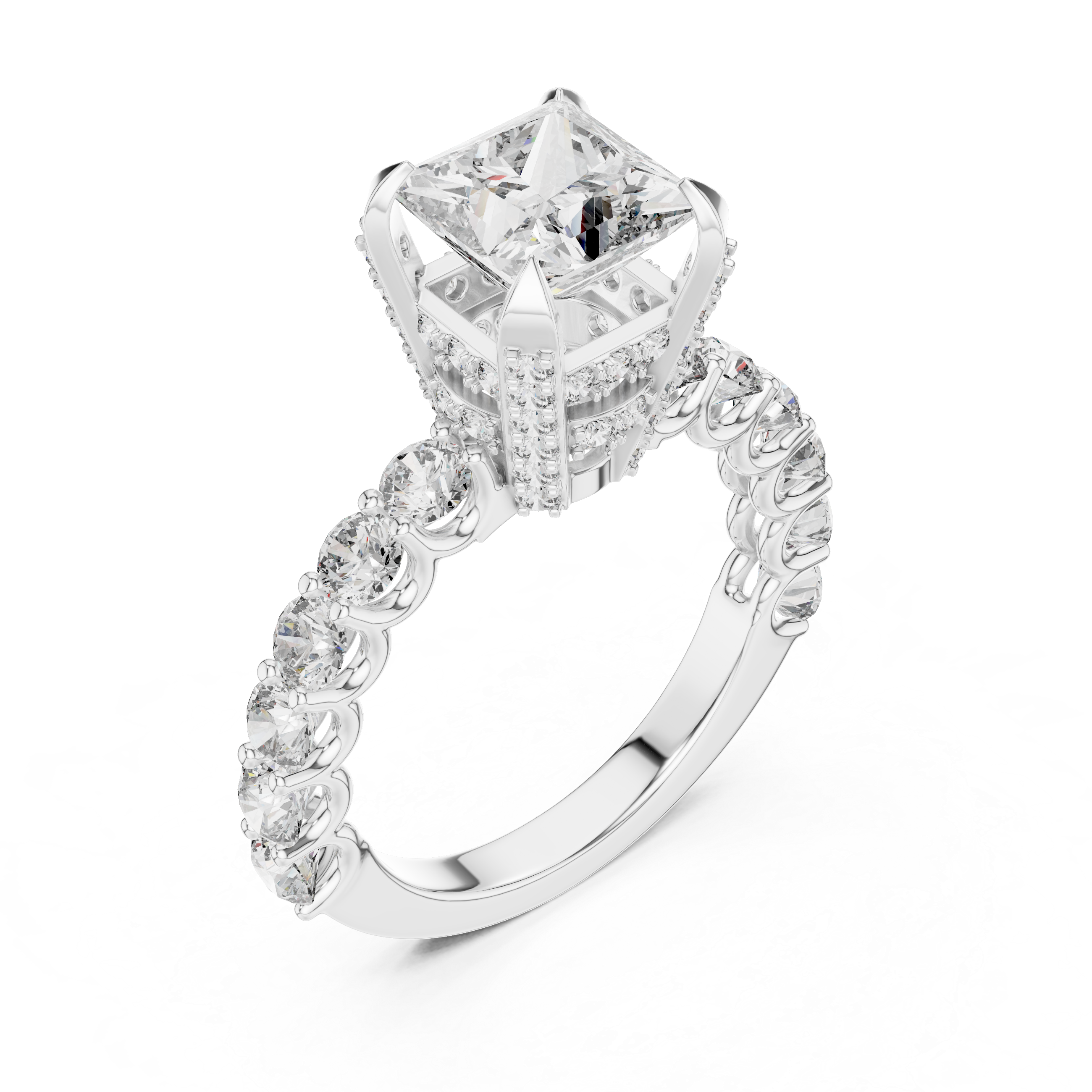 Diamond ring with a prominent central gemstone and smaller stones on a white background