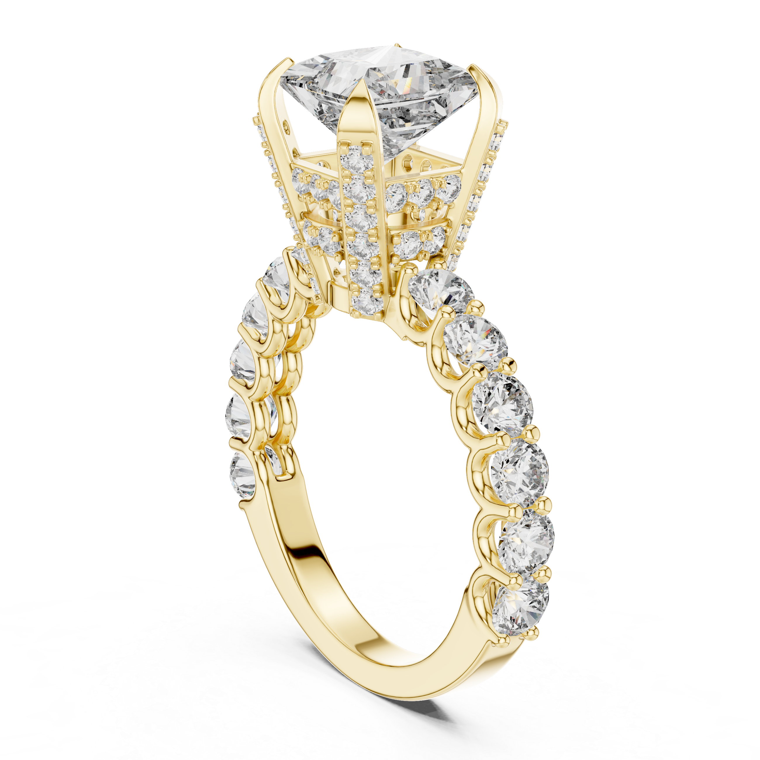 Gold diamond ring with a large central gemstone and smaller diamonds on a white background