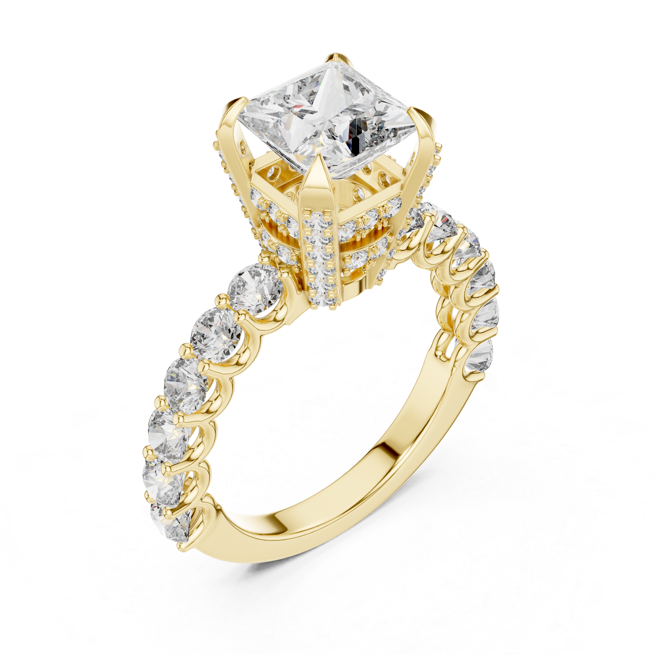 Gold ring with a large diamond and smaller diamonds on the band against a white background