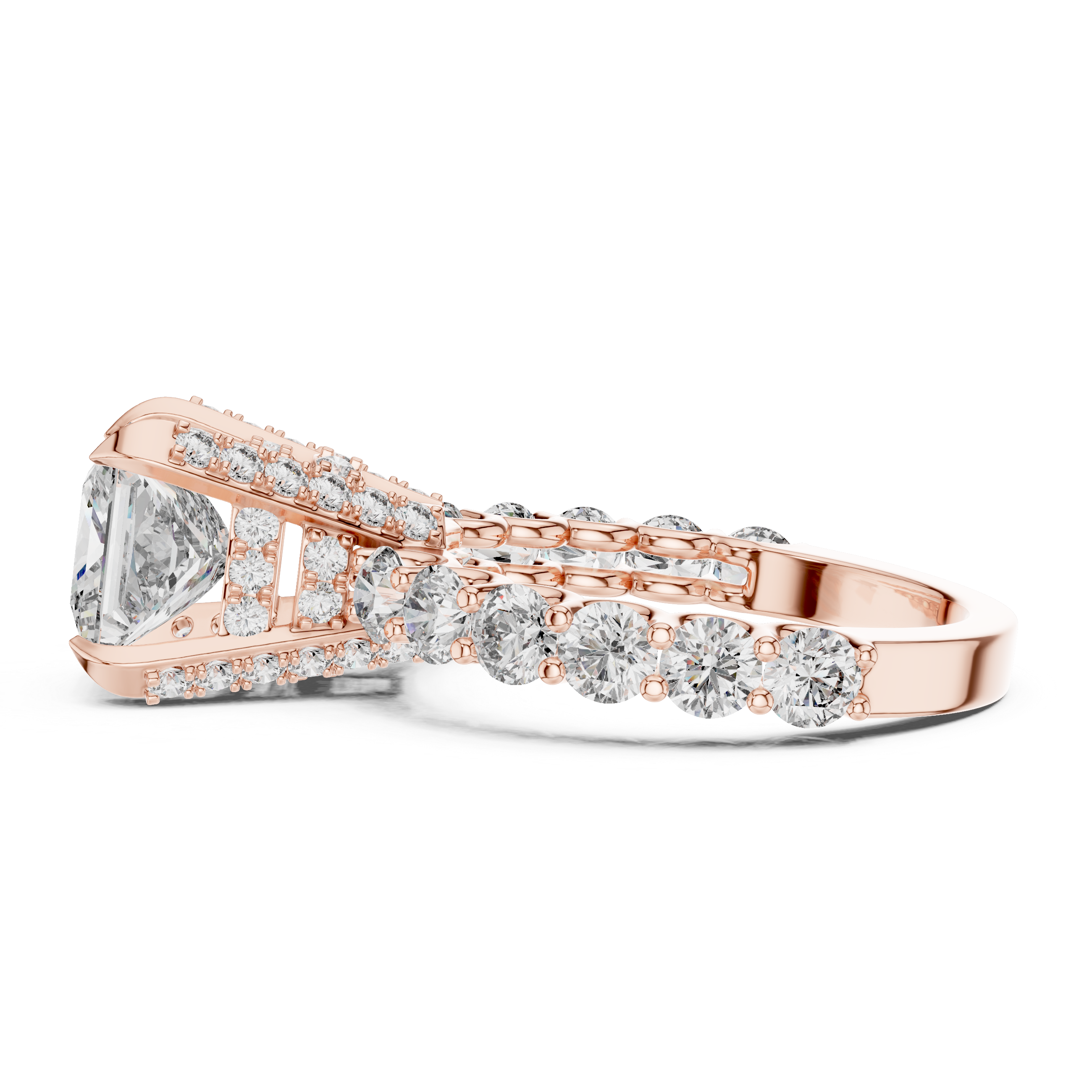 Rose gold ring with diamond accents on a white background