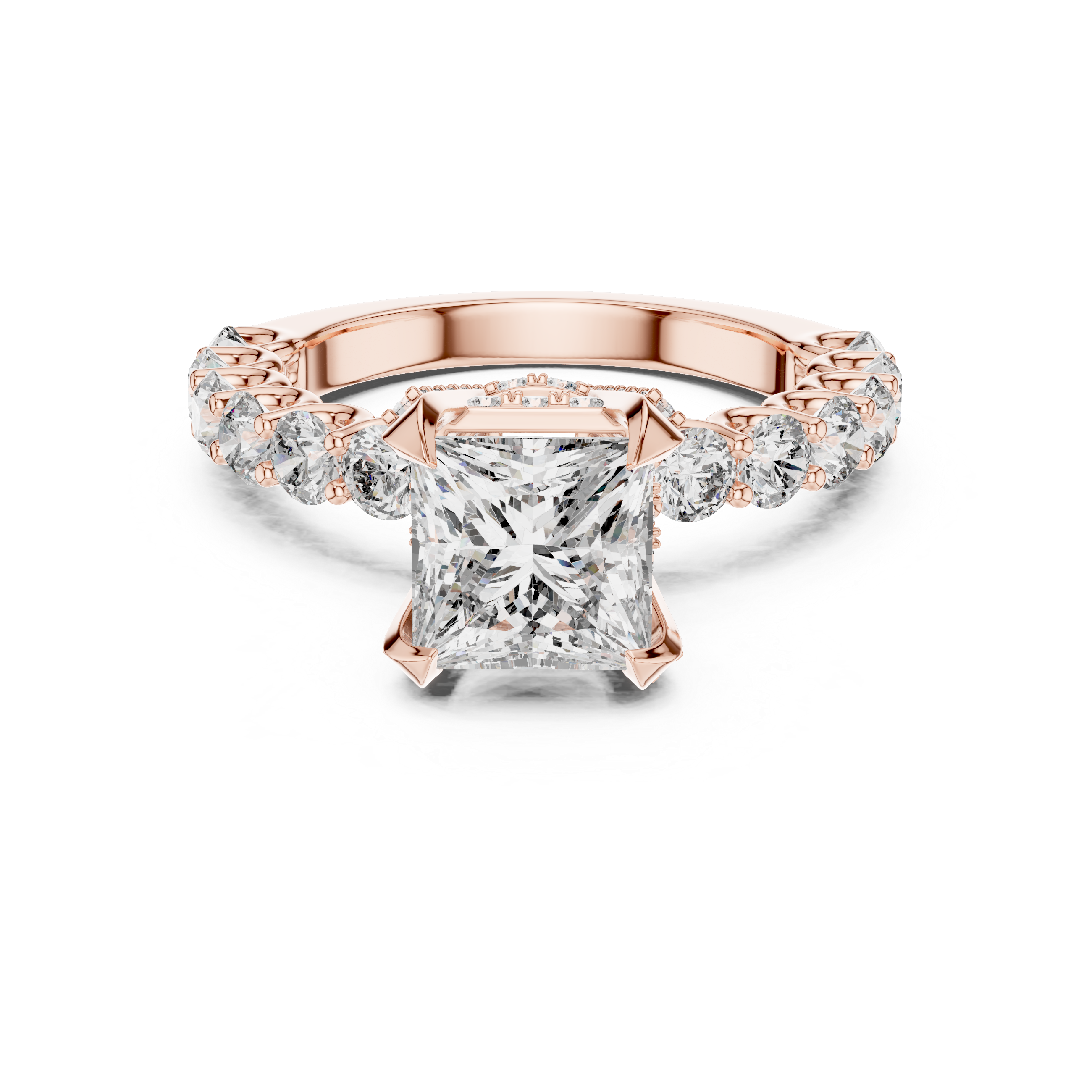 Rose gold ring with a large diamond and smaller diamonds on the sides against a white background