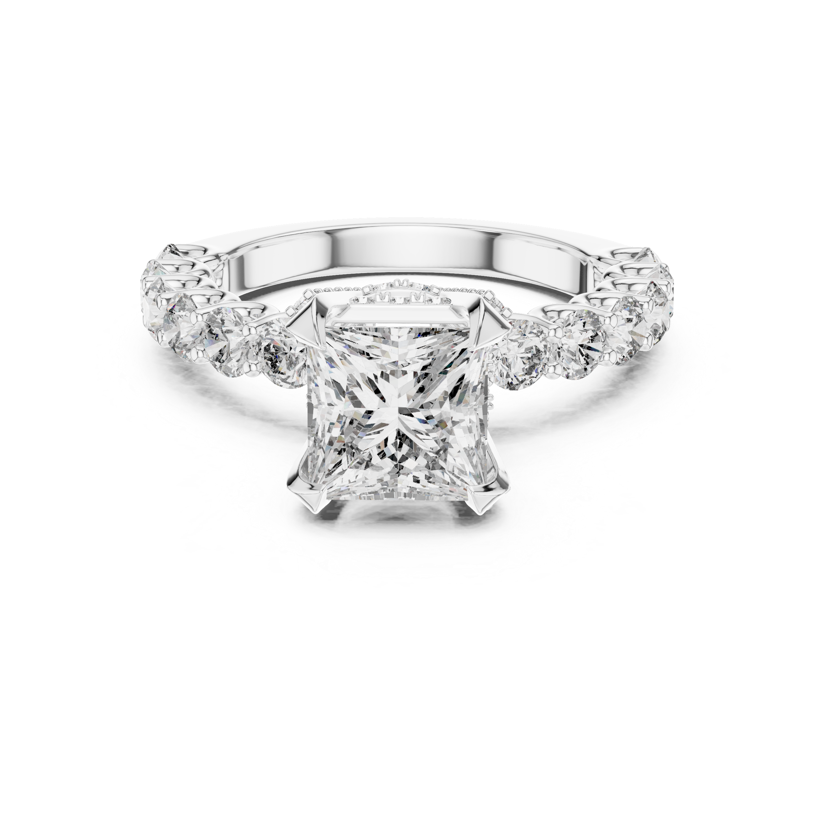 Diamond ring with a white gold band on a white background