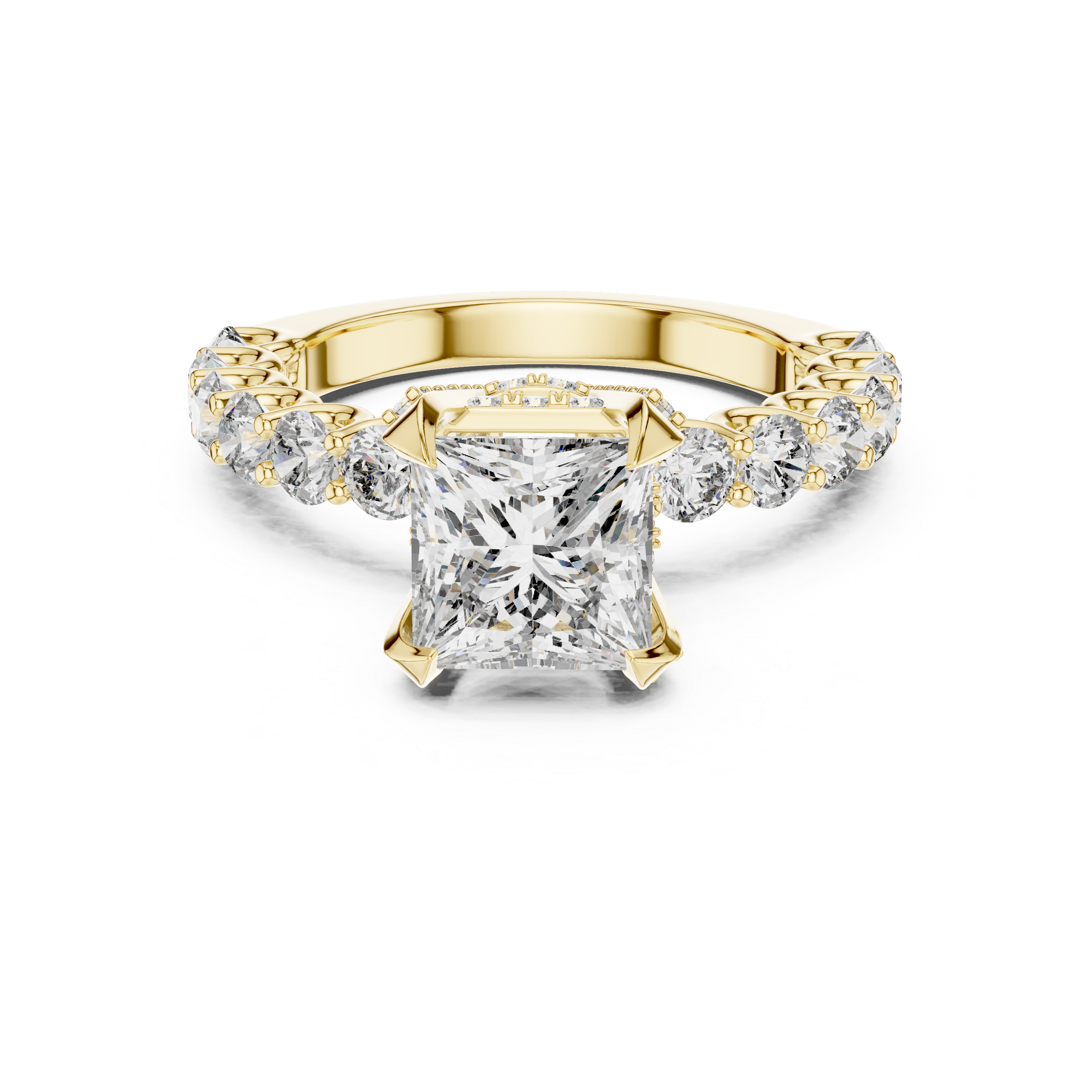 Gold ring with a central diamond and smaller diamonds on the band against a white background