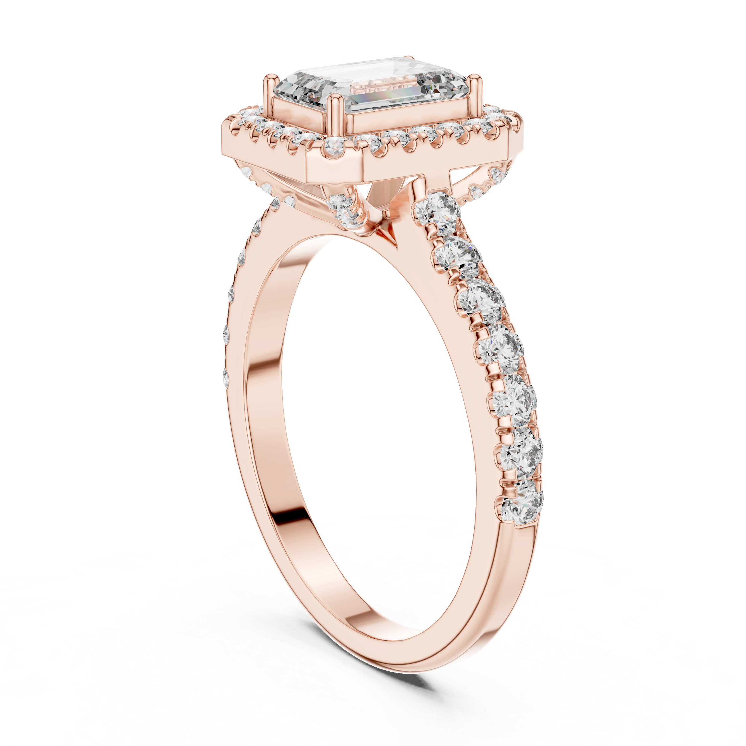 Rose gold ring with diamond accents on a white background