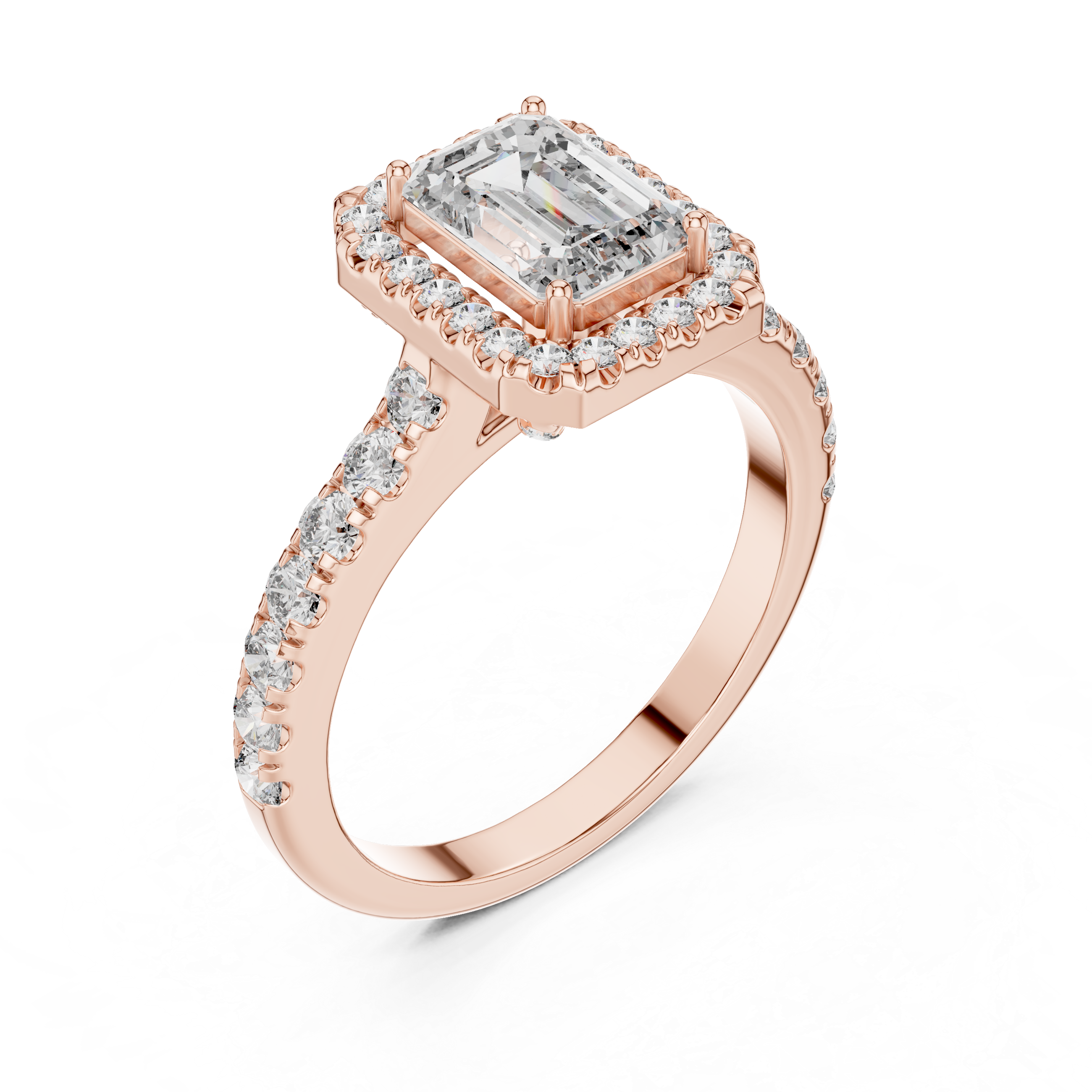 Rose gold ring with emerald-cut diamond and smaller diamonds on a white background