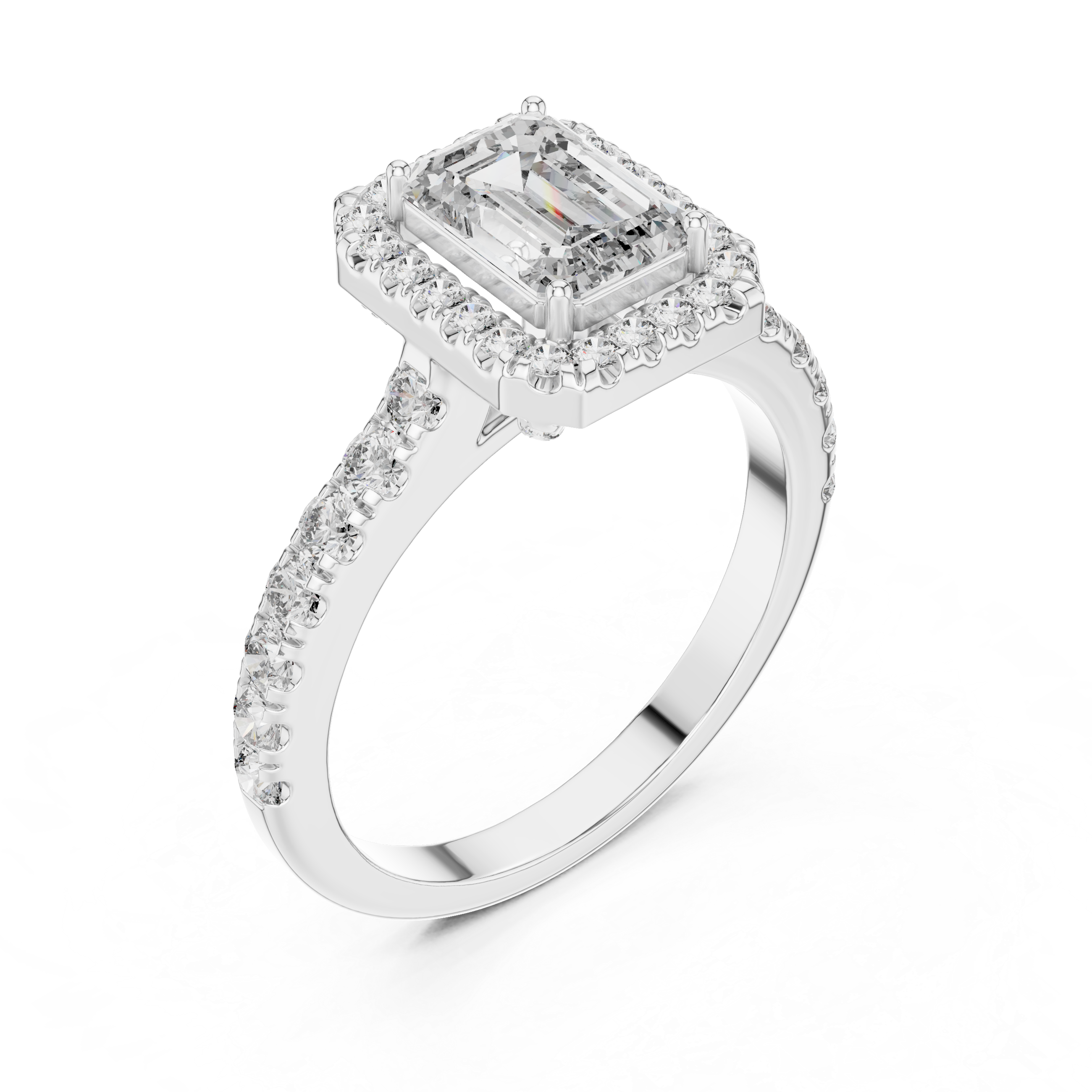 Diamond ring with a rectangular center stone on a white background