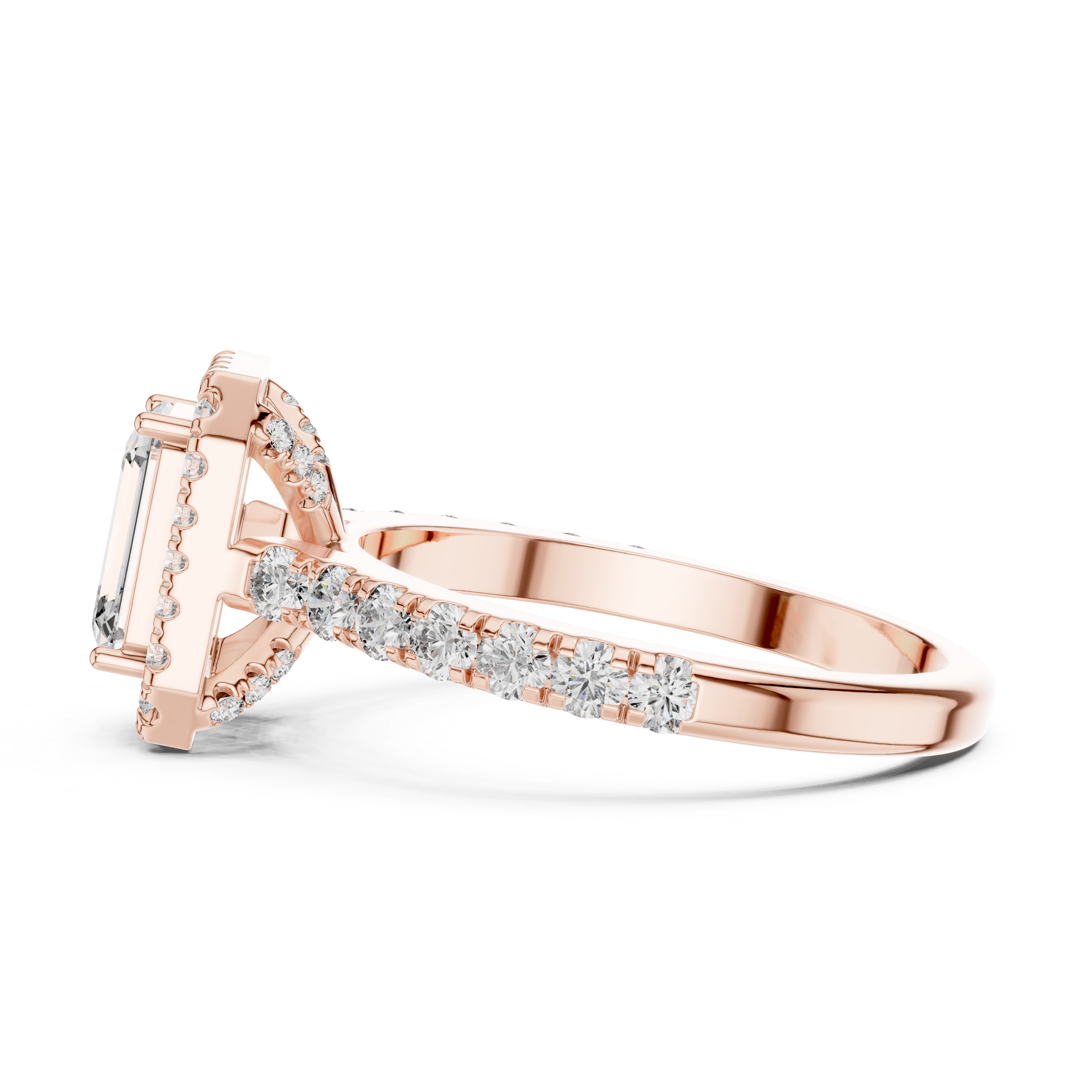 Rose gold ring with diamond accents on a white background