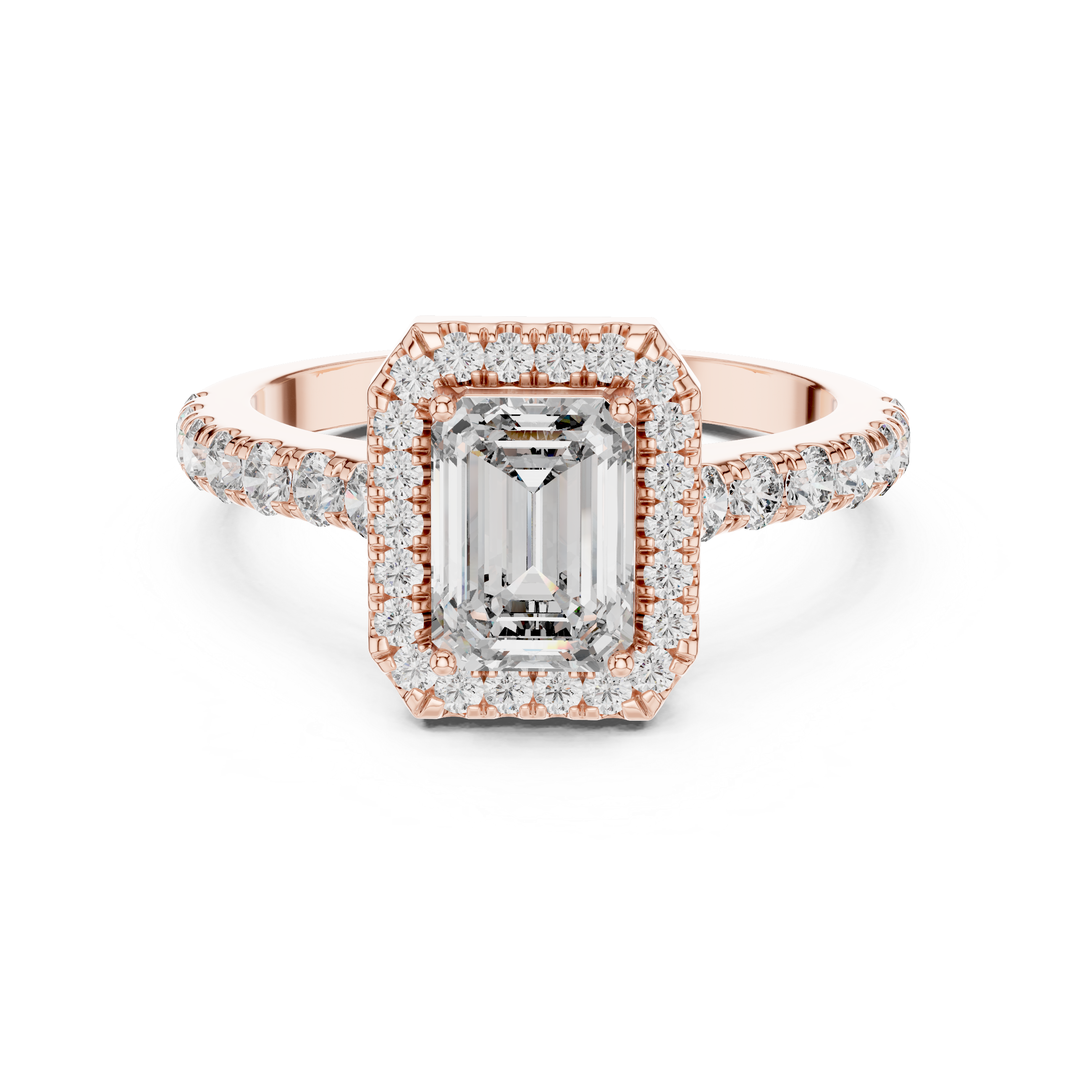 Rose gold ring with emerald-cut diamond and smaller diamonds on a white background