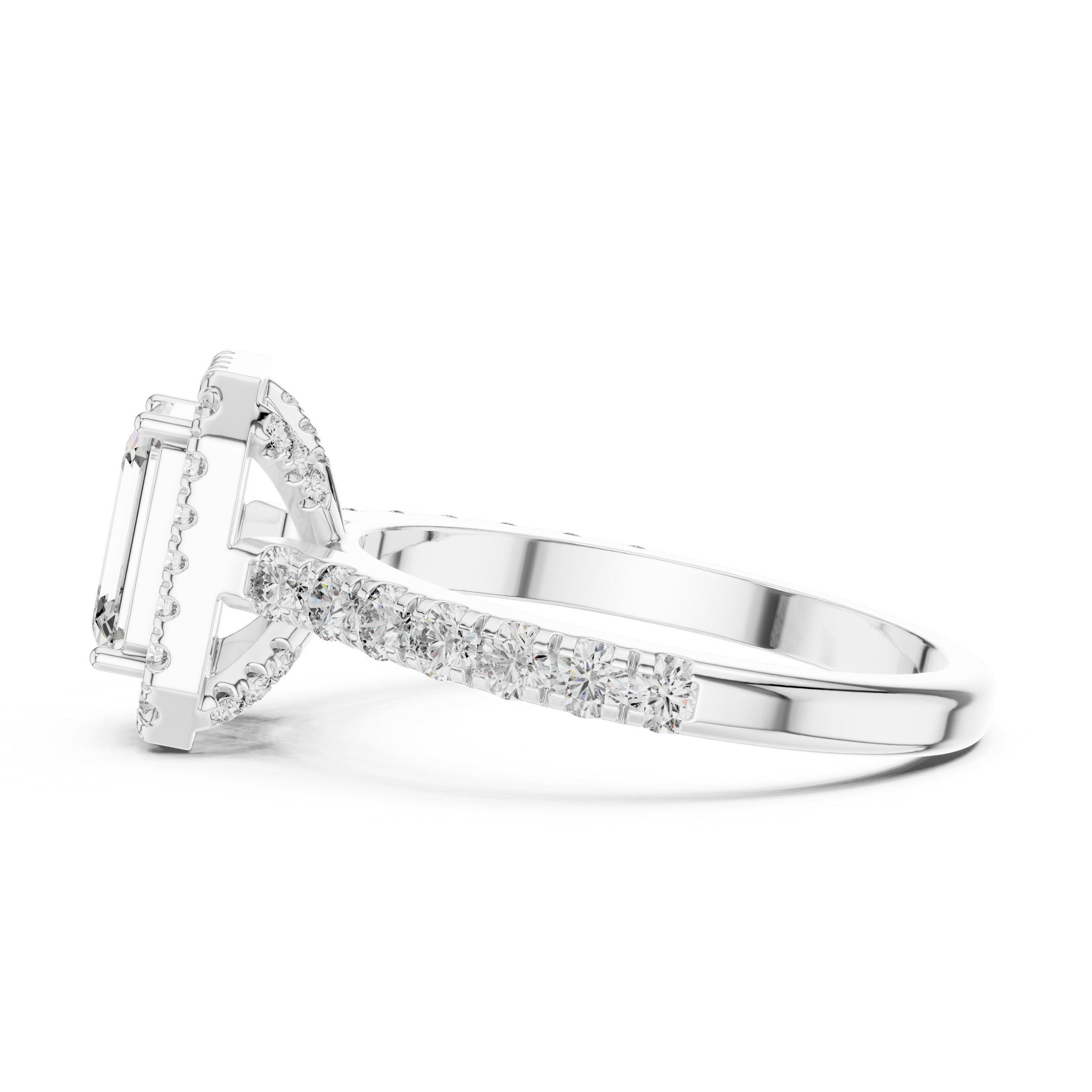 Diamond ring with a white gemstone on a white background
