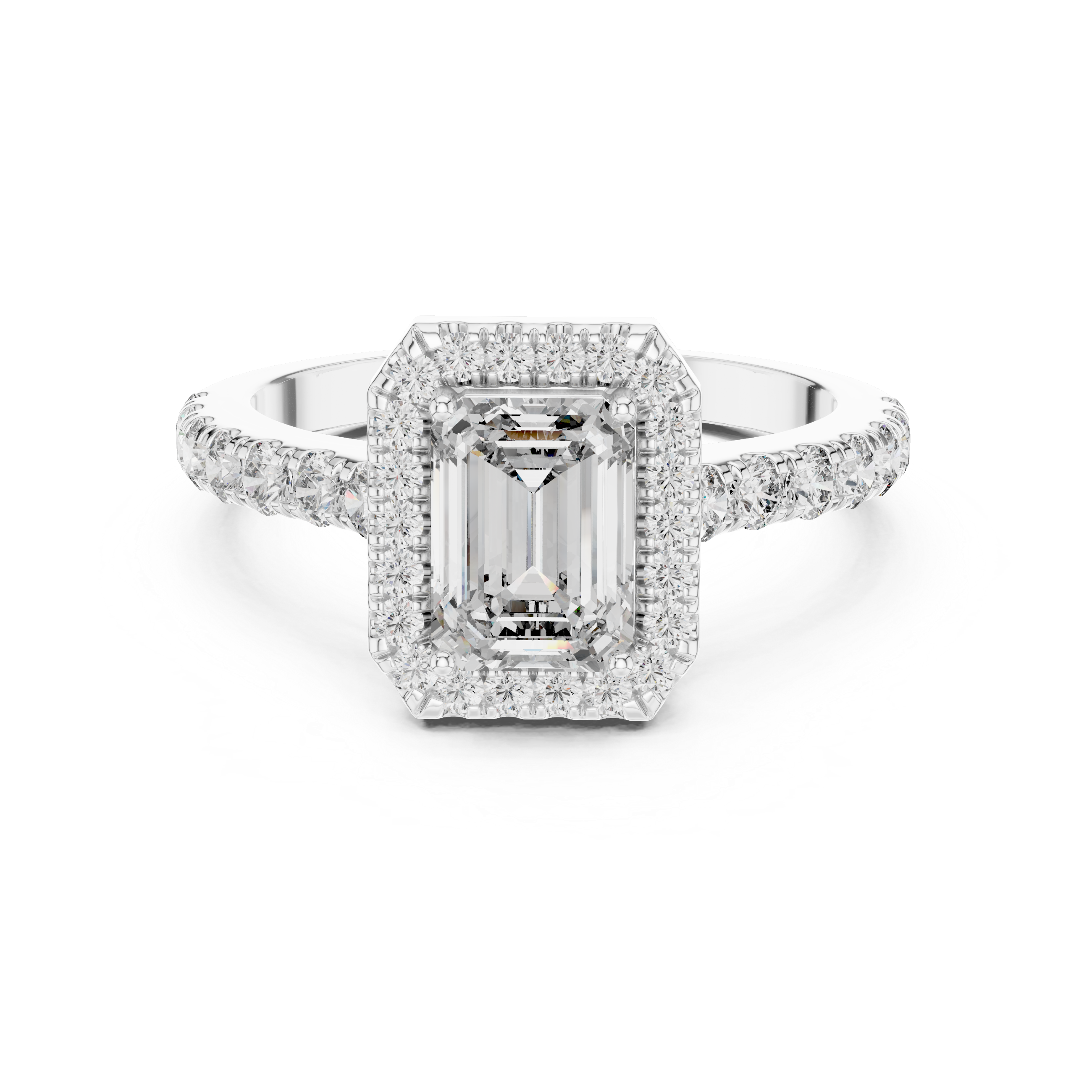 Diamond ring with a central emerald-cut gemstone and diamond accents on a white background