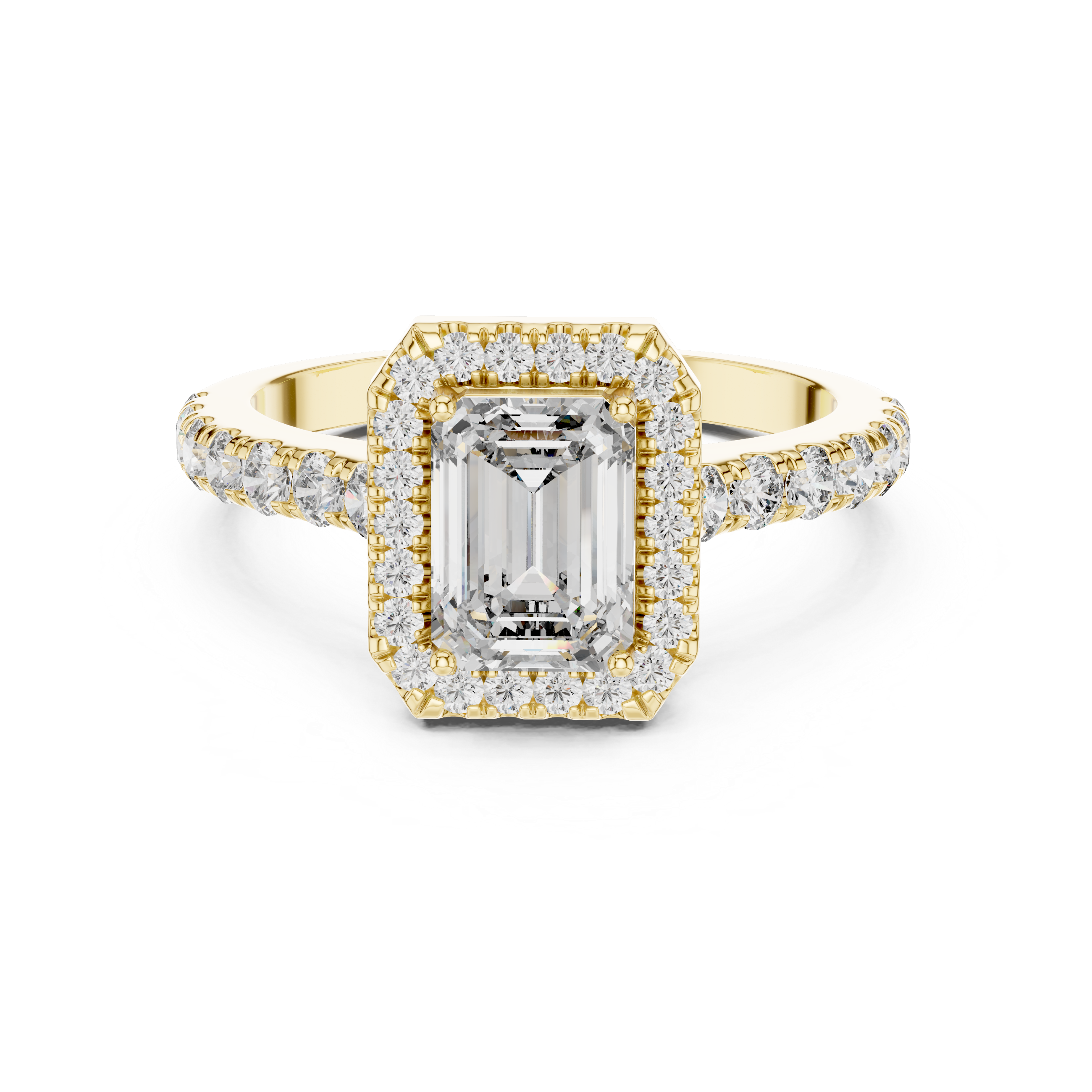 Gold ring with emerald-cut diamond and smaller diamonds on a white background