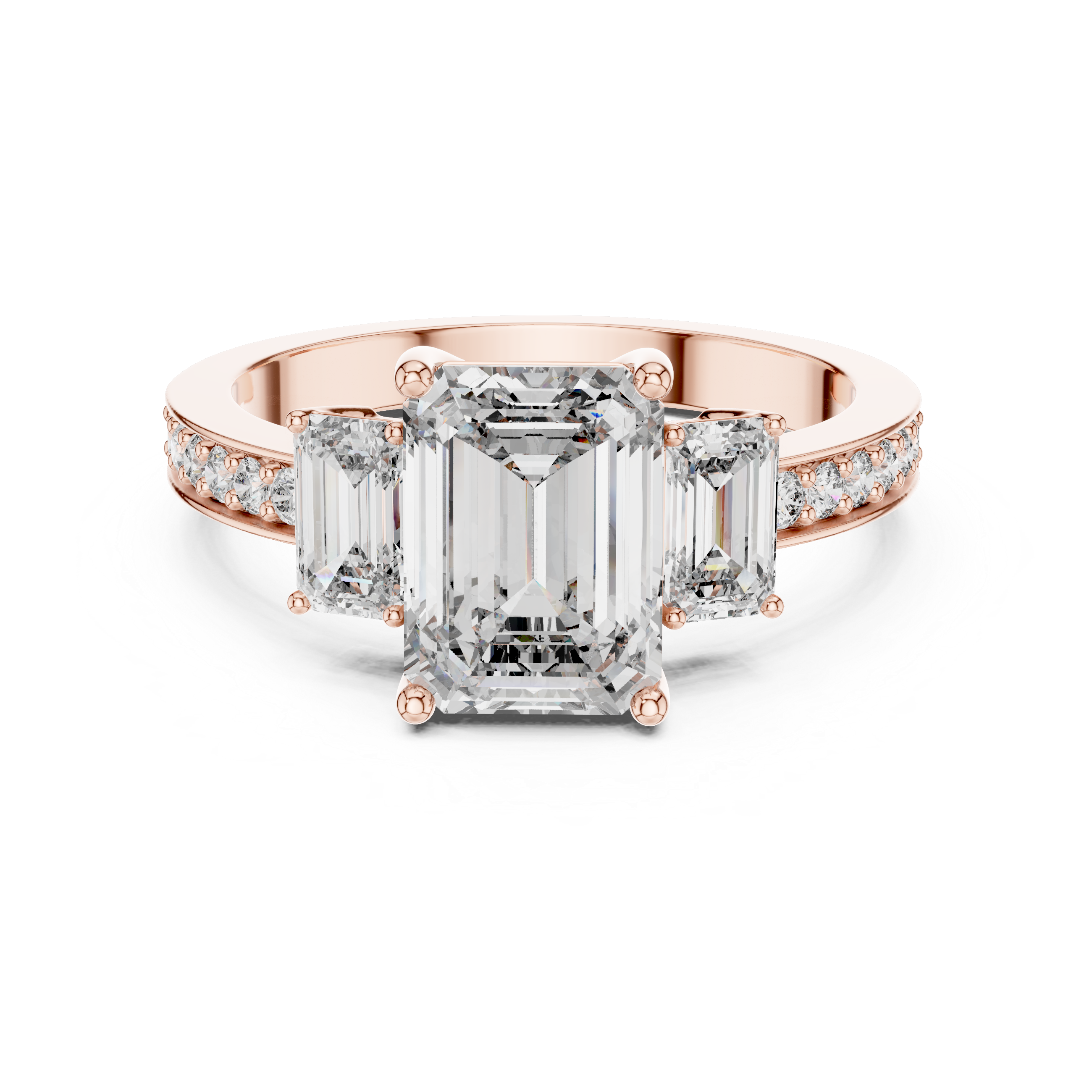 Rose gold ring with emerald-cut diamonds on a white background
