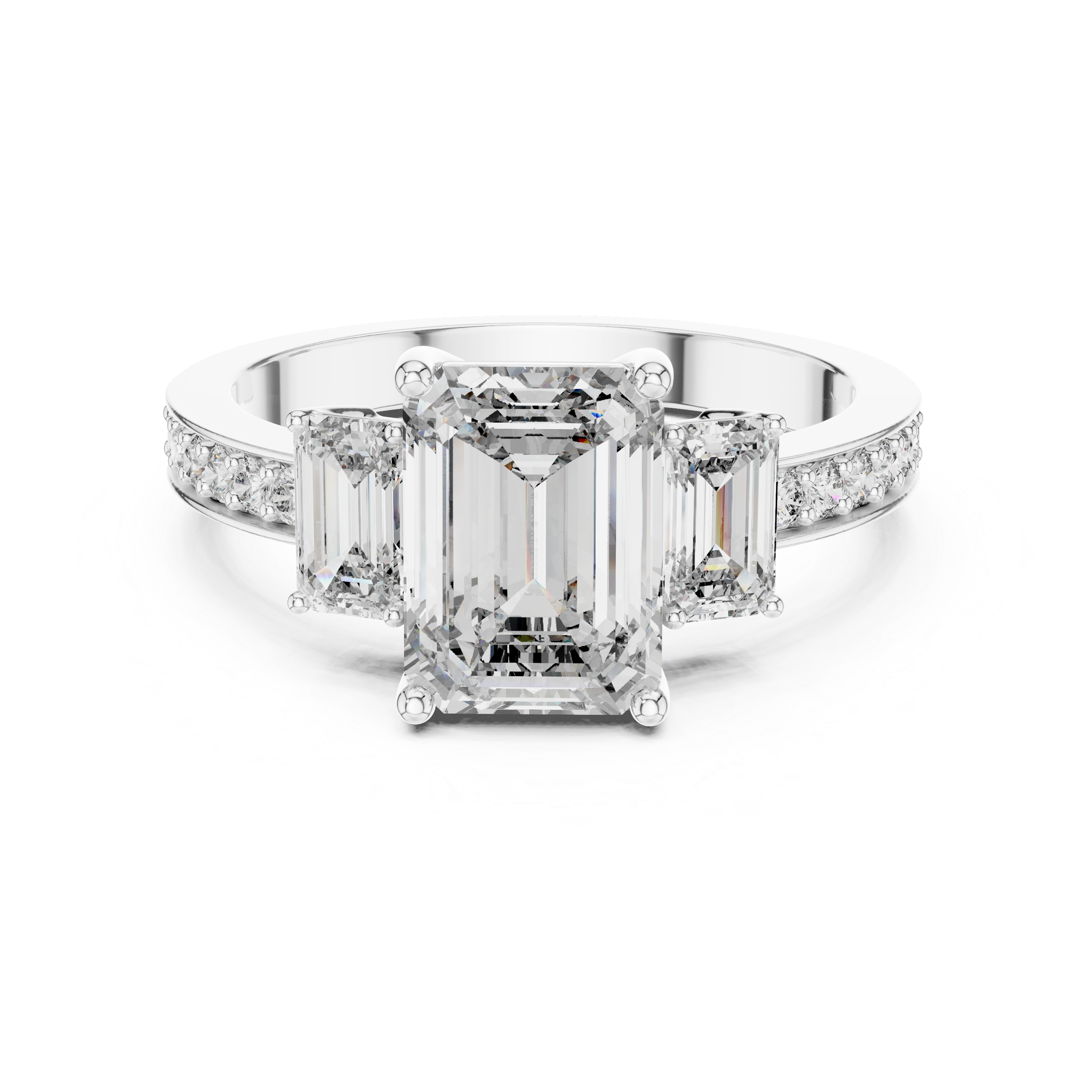 Diamond ring with emerald-cut center stone and smaller diamonds on a white background