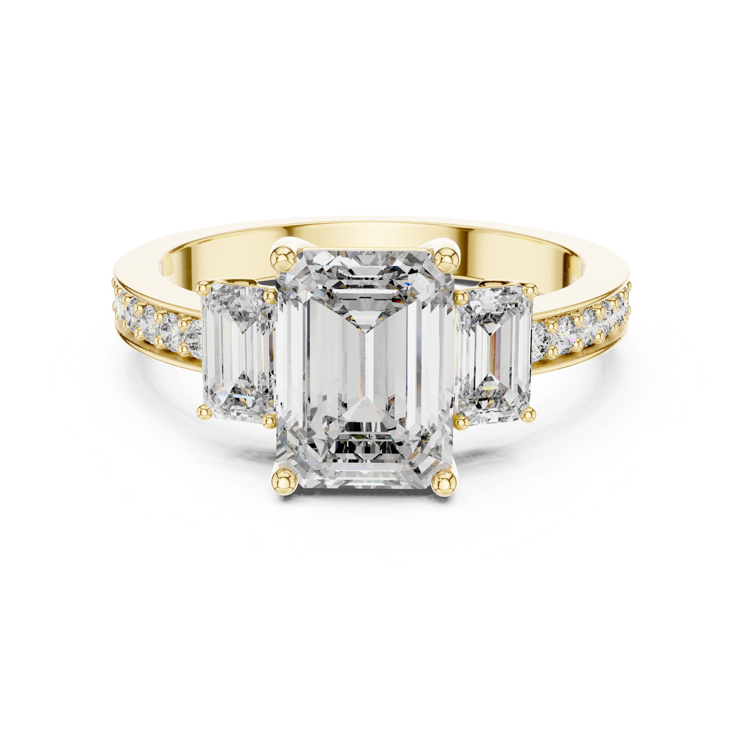 Gold ring with emerald-cut diamonds on a white background