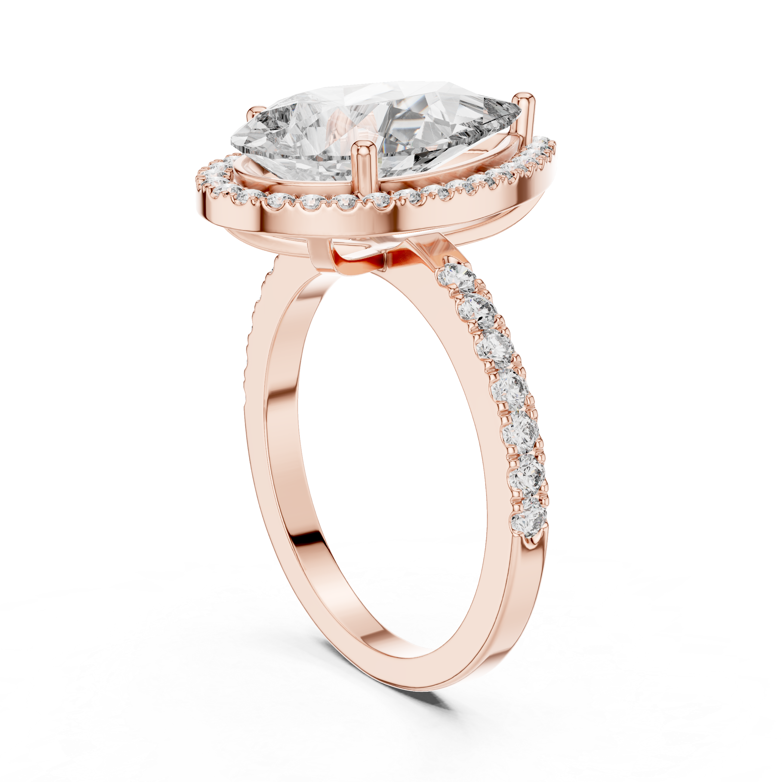Rose gold ring with a large diamond and smaller diamonds on the band against a white background