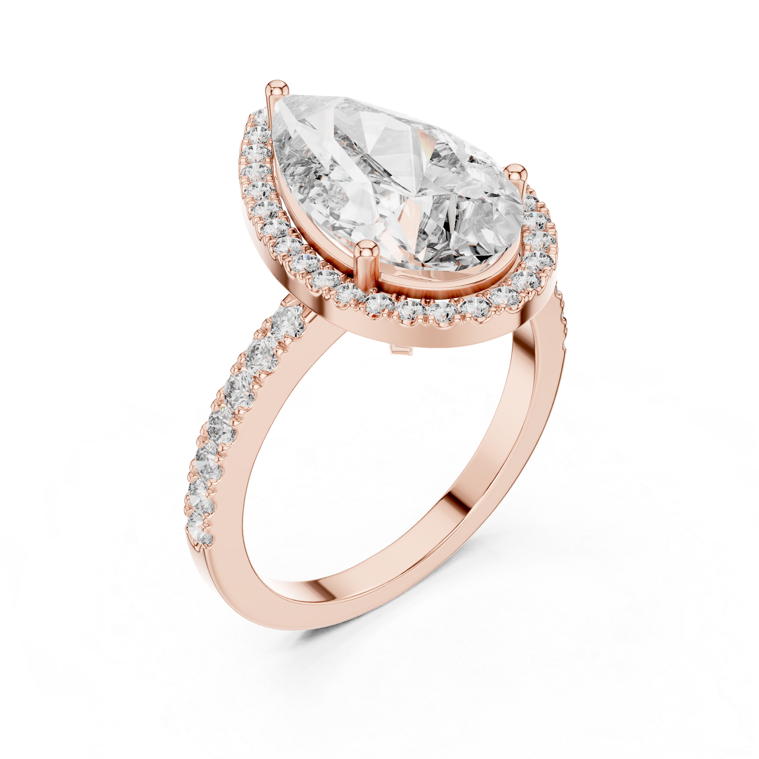 Rose gold ring with a large diamond and smaller diamonds on a white background