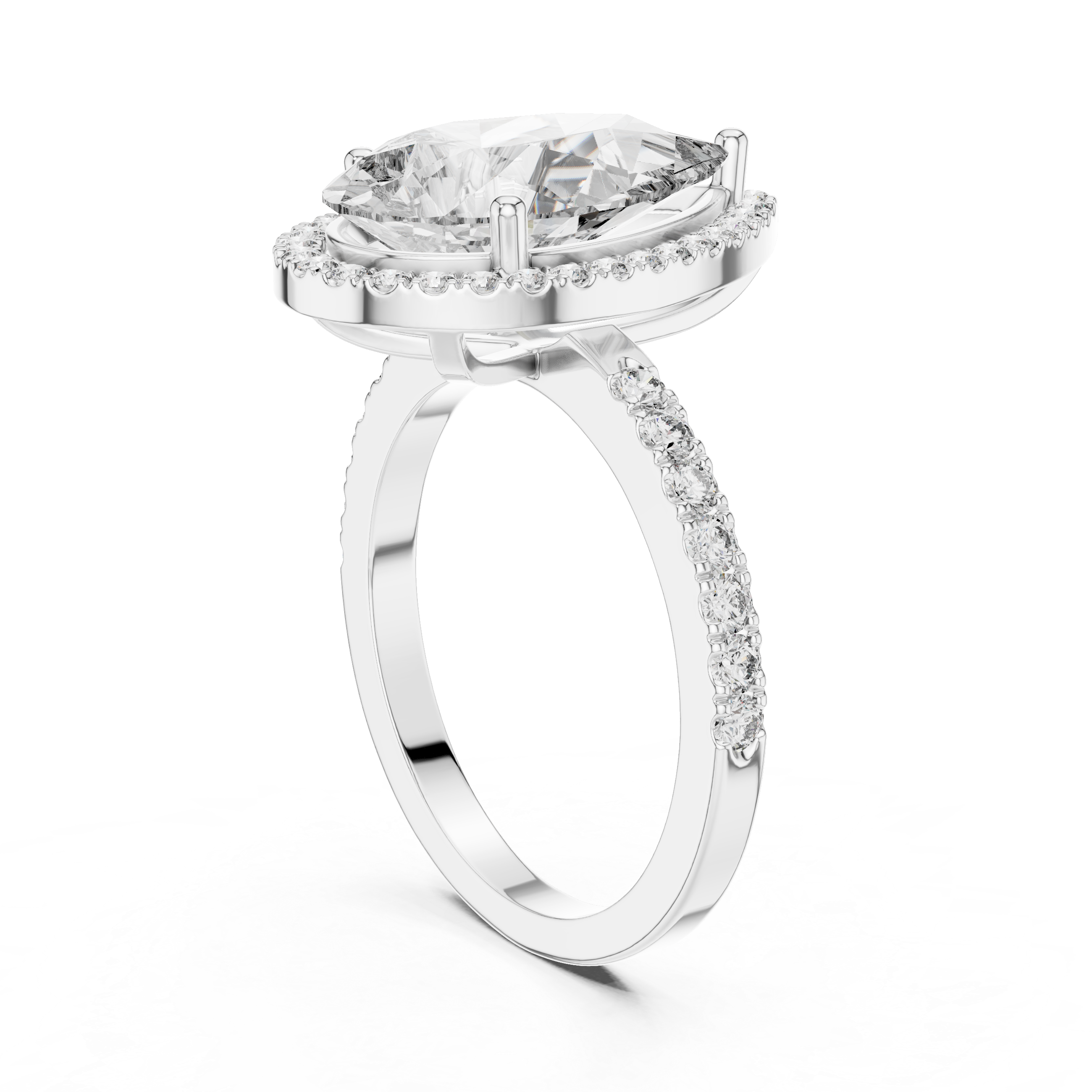 Diamond ring with a large central stone and smaller stones on the band against a white background