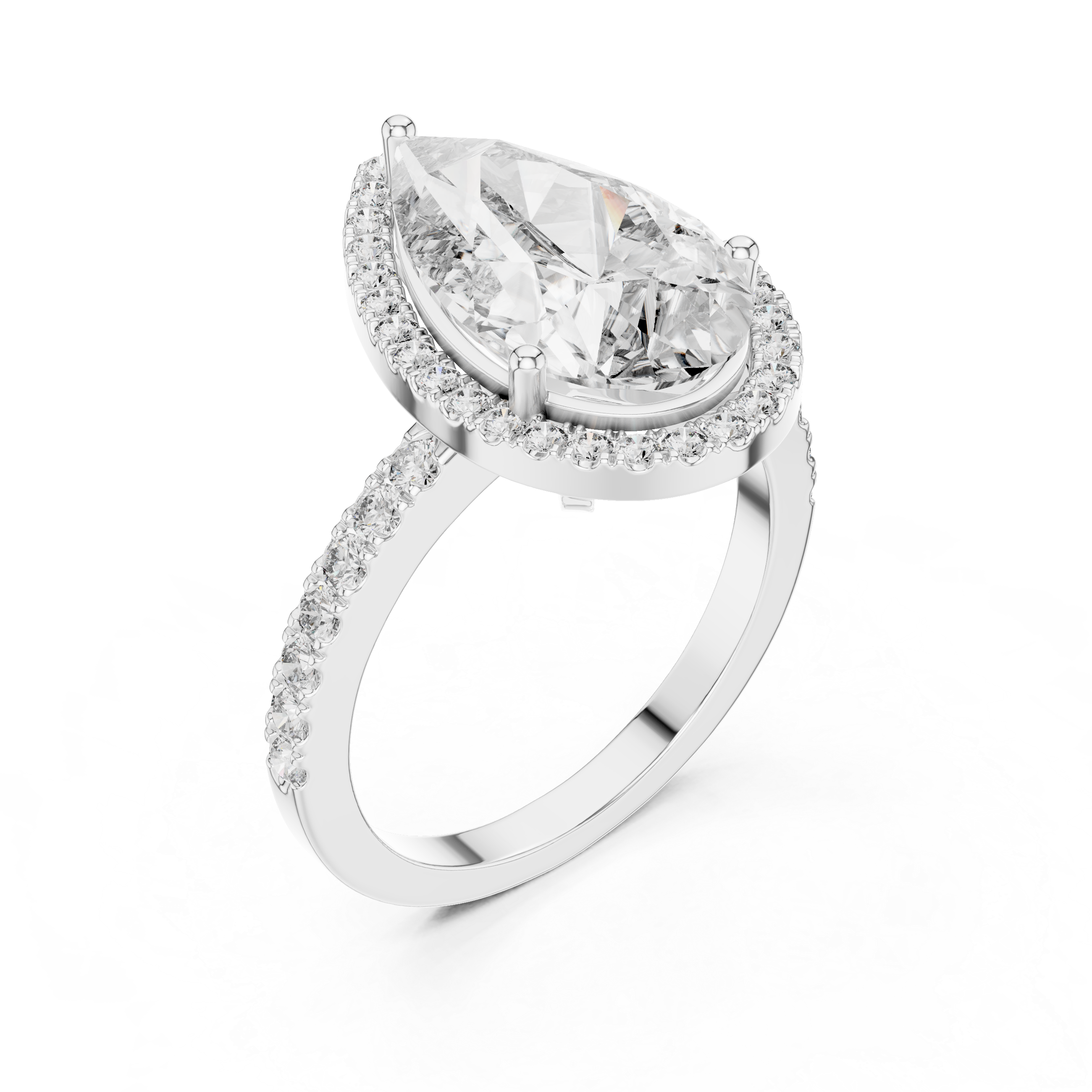 Diamond ring with a pear-shaped center stone on a white background