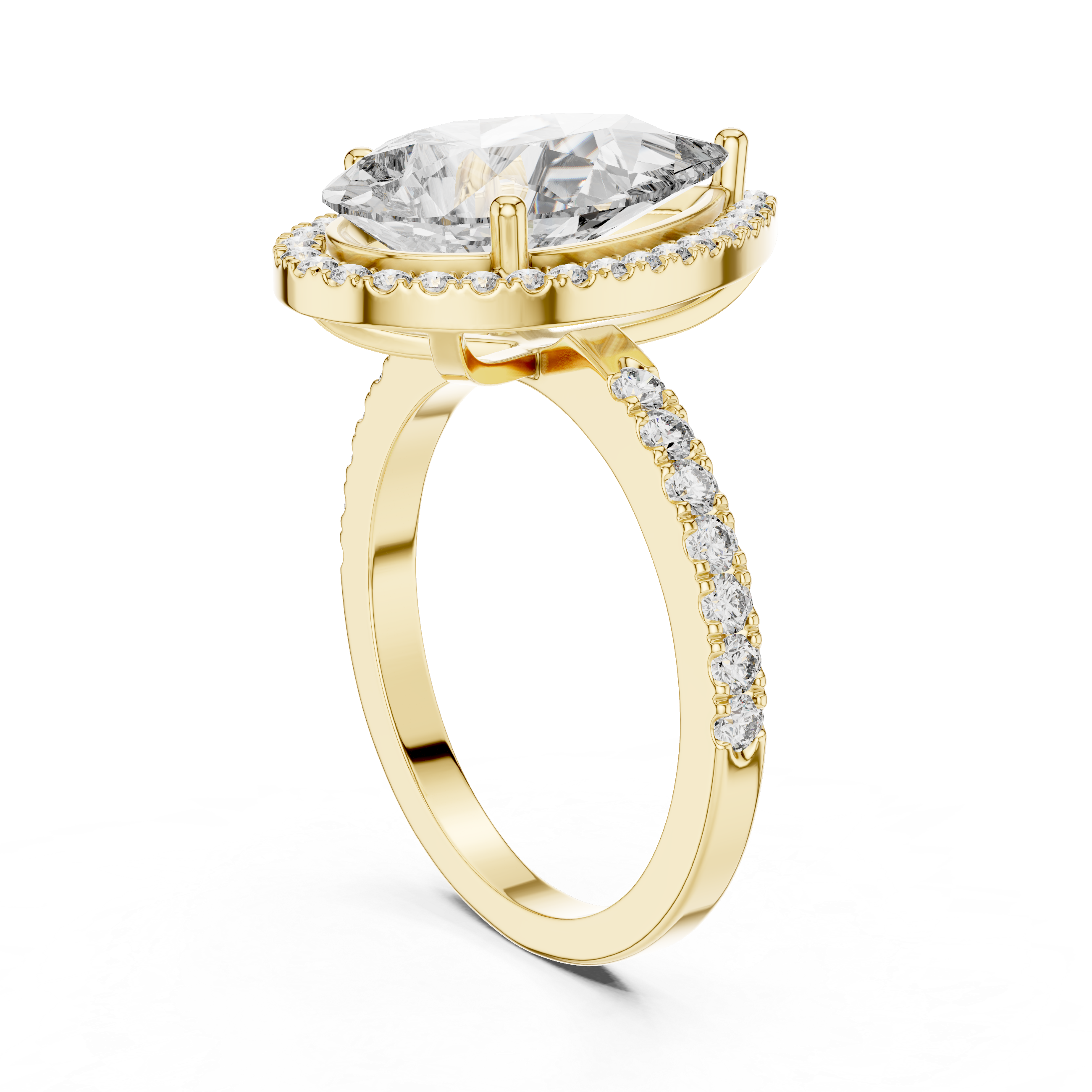 Gold ring with a large diamond and smaller diamonds on the band against a white background