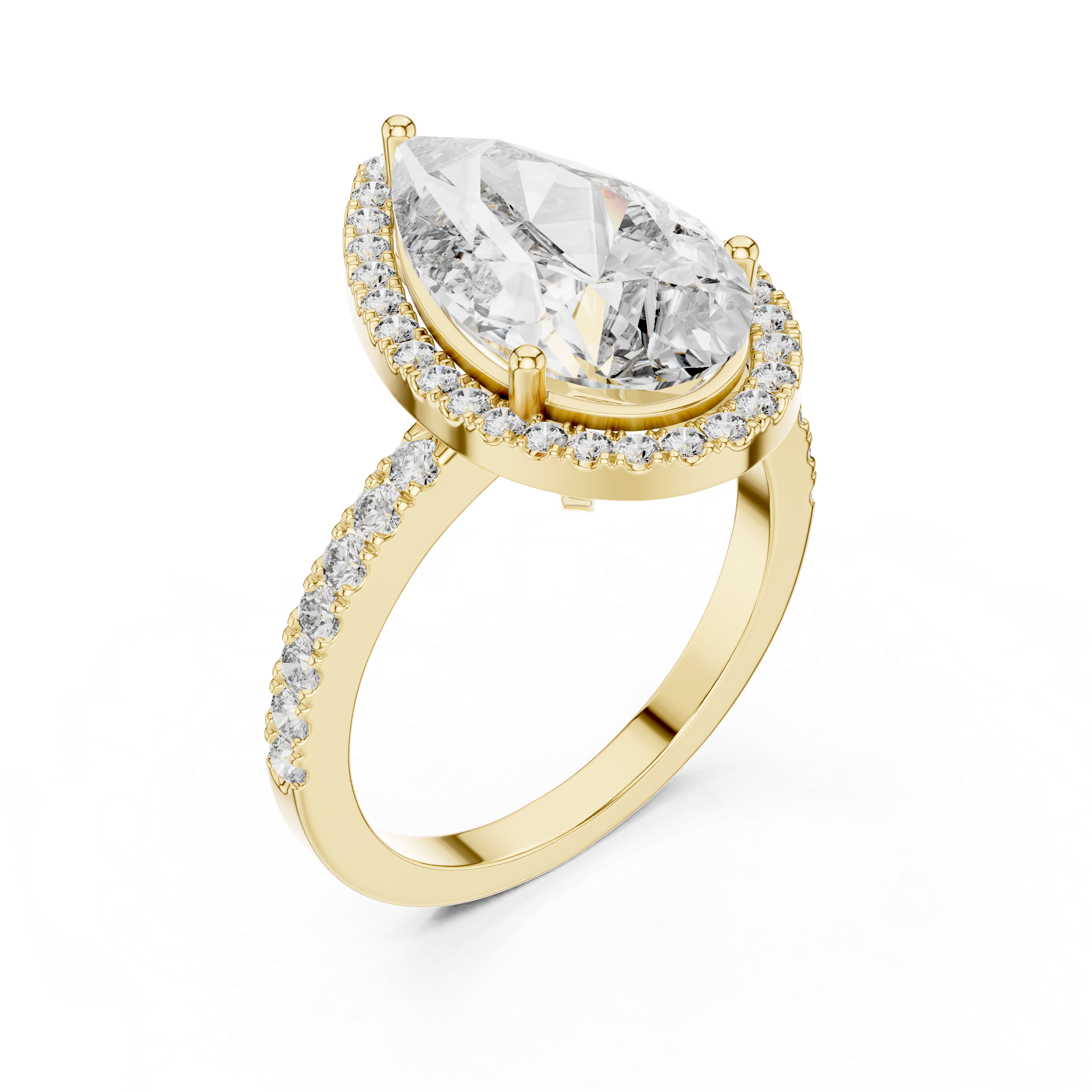Gold ring with a large pear-shaped diamond and smaller diamonds on a white background