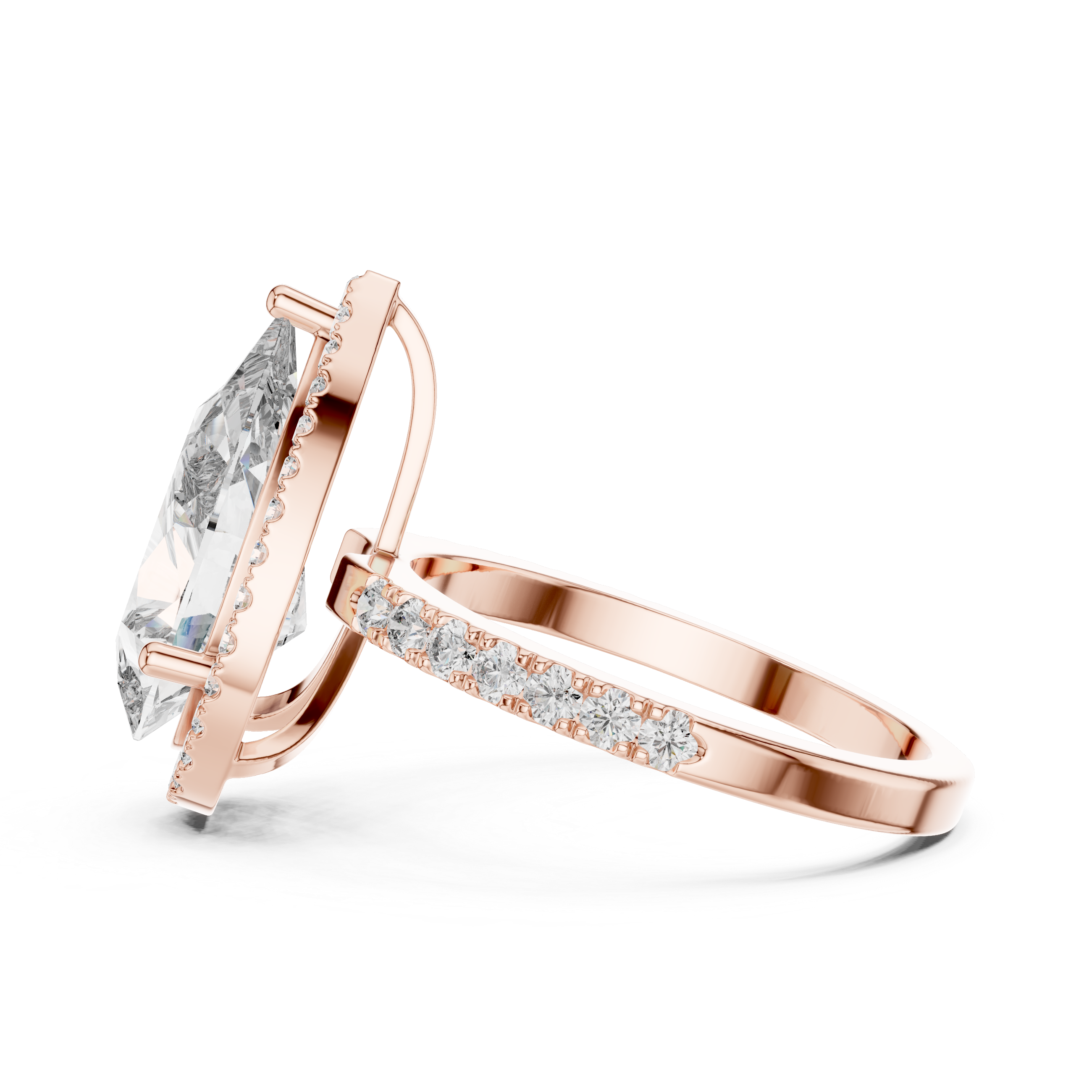 Rose gold ring with a large diamond and smaller diamonds on the band against a white background