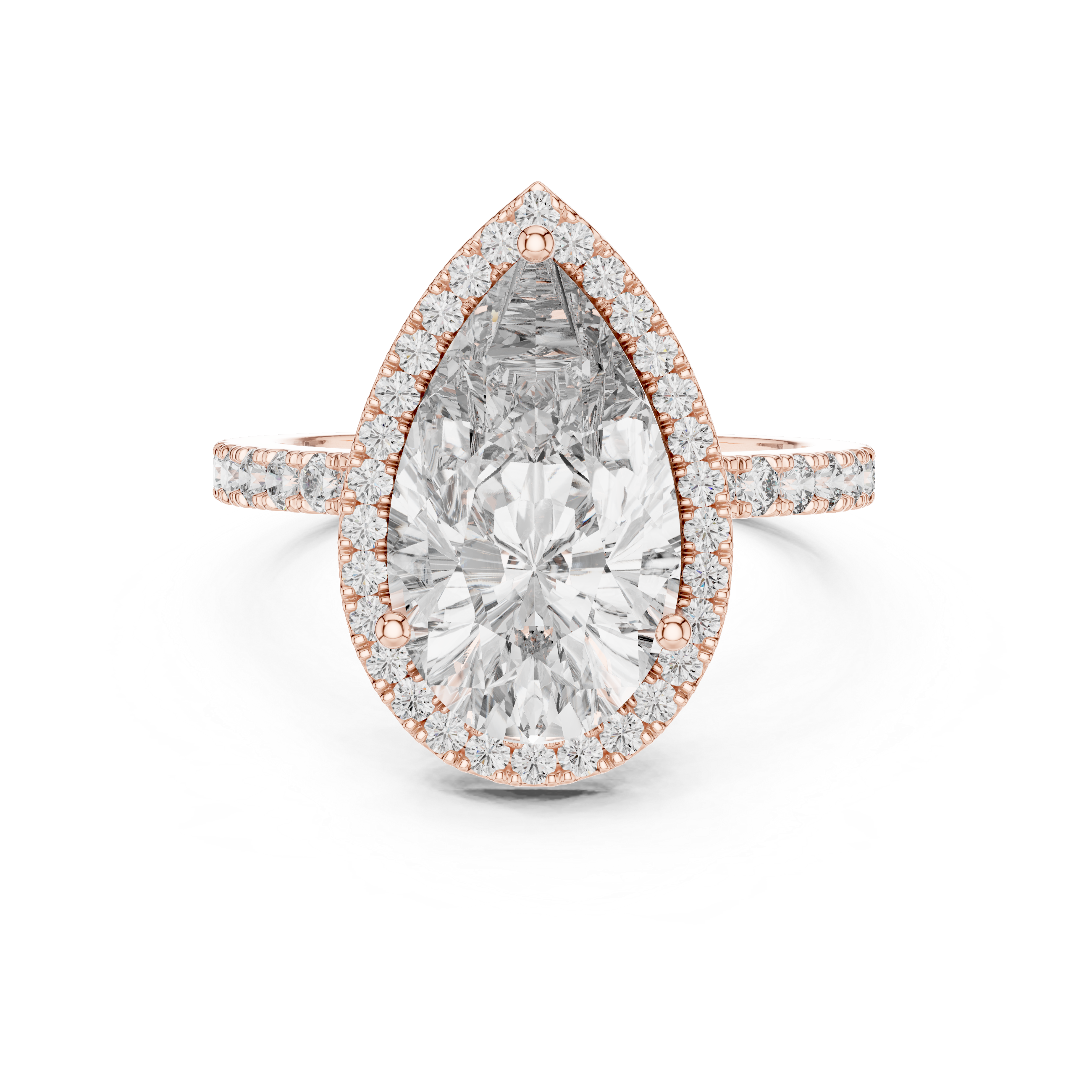 Rose gold ring with a pear-shaped diamond on a white background