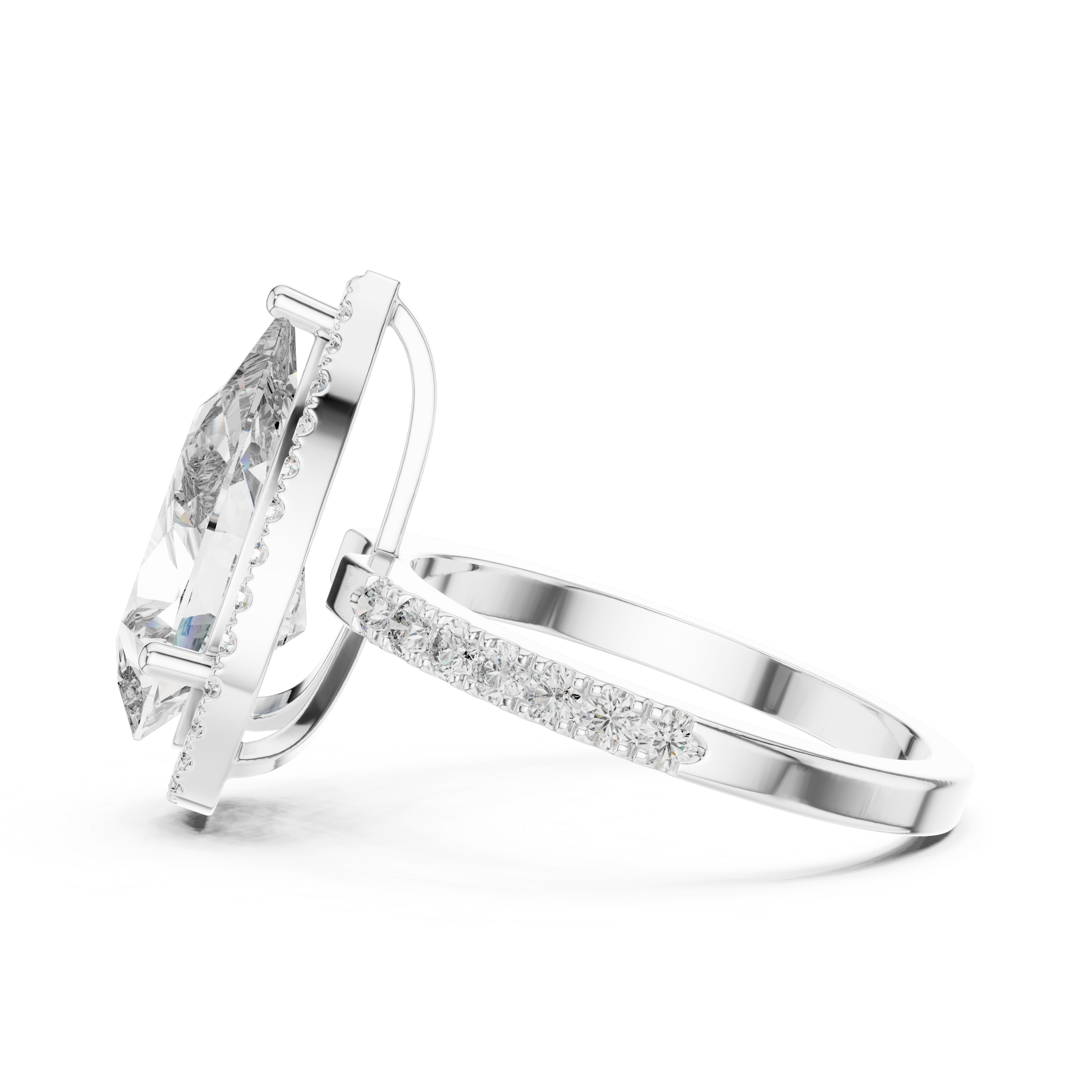 Silver ring with a large diamond and smaller diamonds on the band against a white background