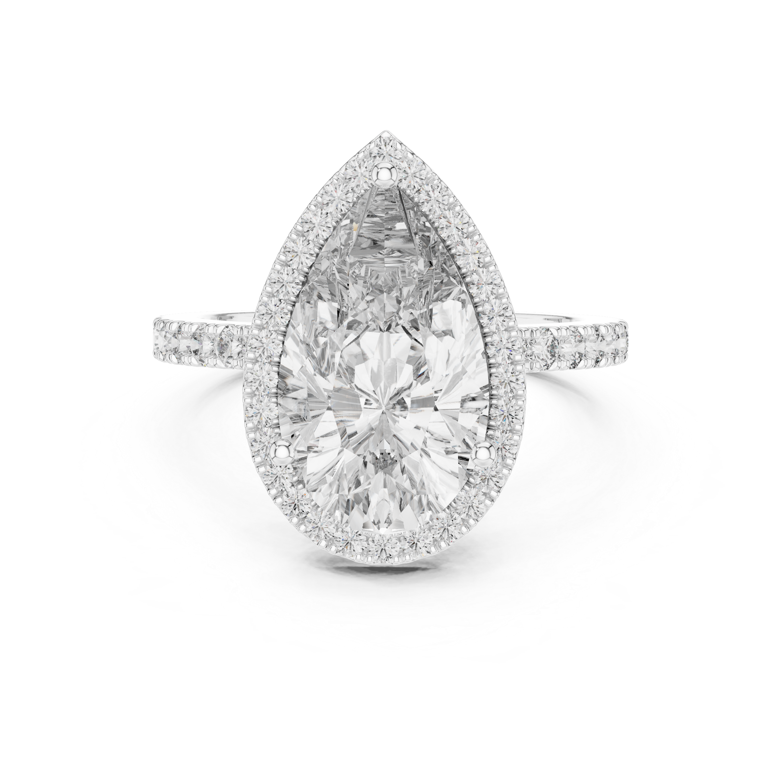 Diamond ring with a pear-shaped center stone on a white background