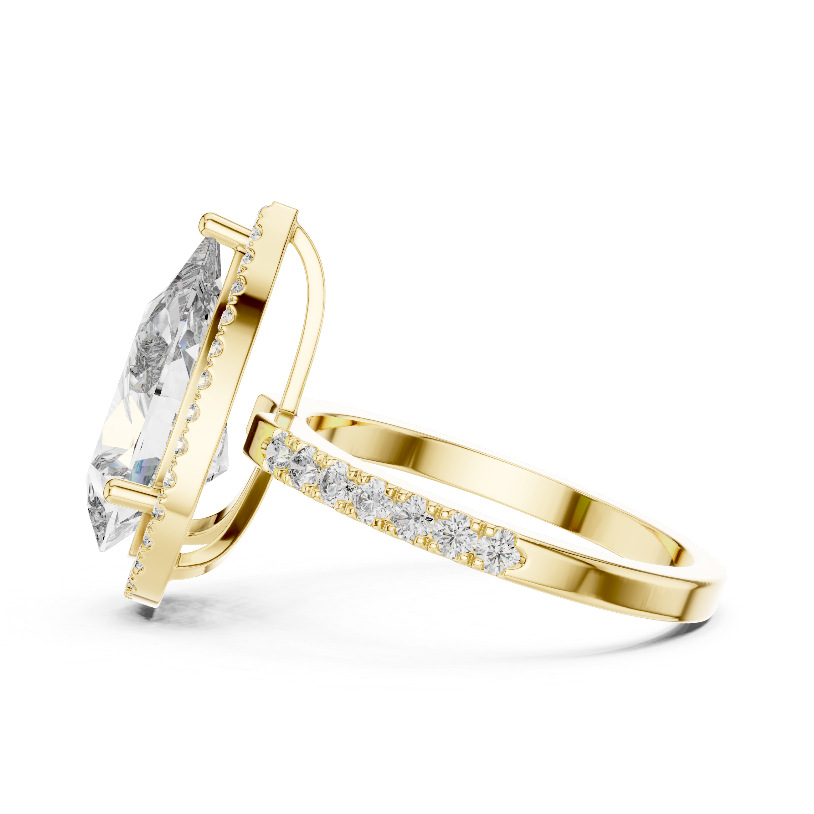 Gold ring with a large marquise-shaped diamond and smaller diamonds on a white background