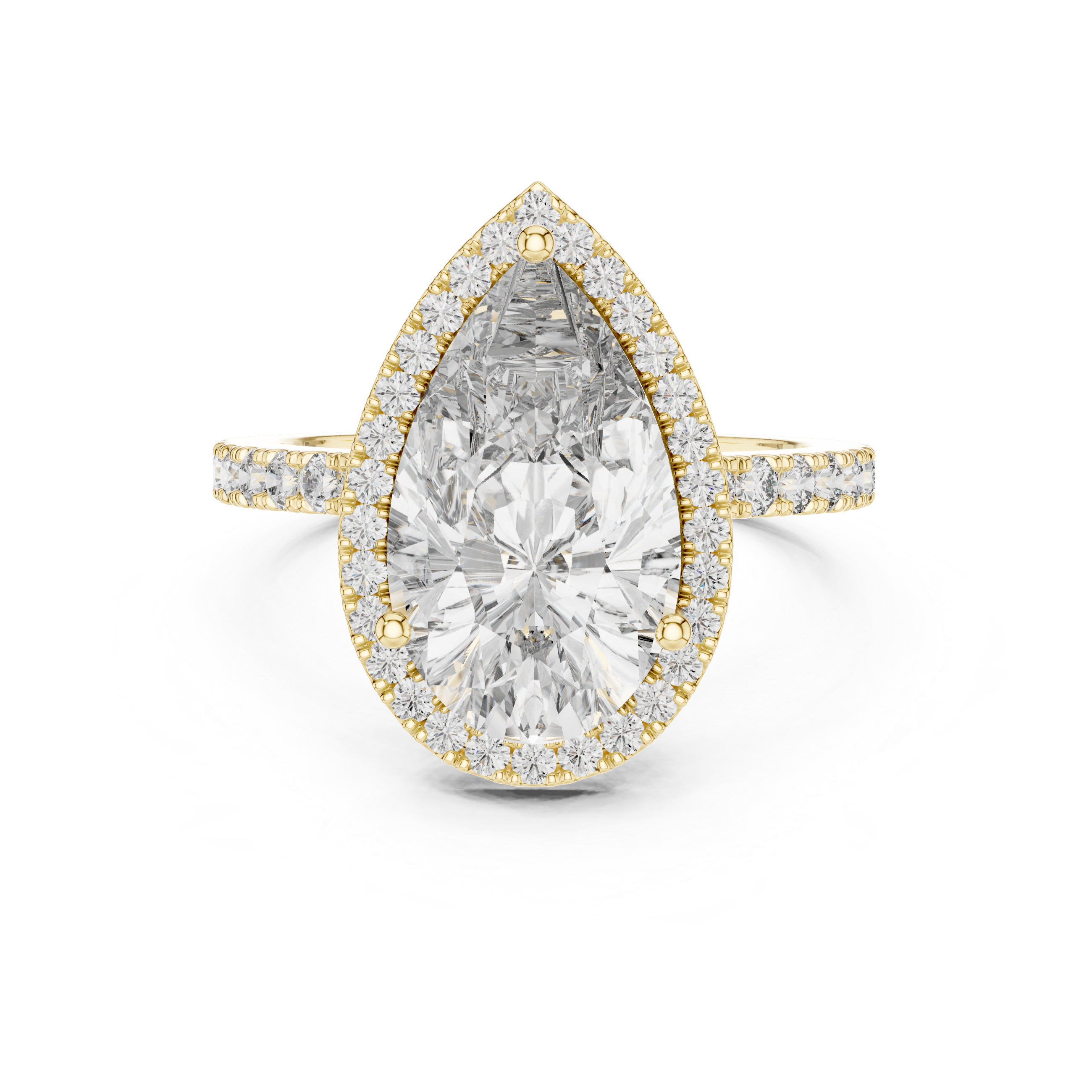 Gold ring with a large pear-shaped diamond and smaller diamonds on a white background