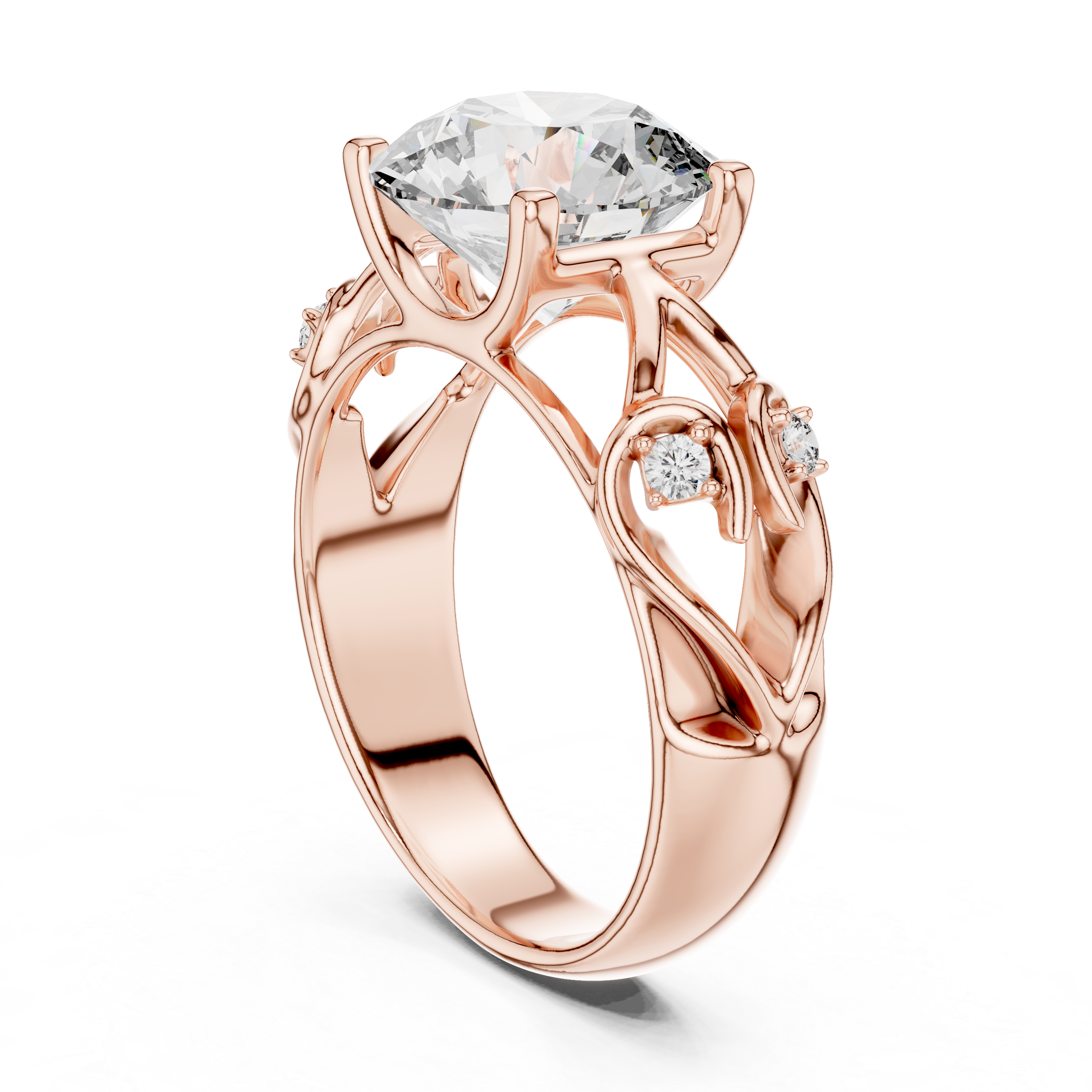 Rose gold ring with a large diamond and smaller diamonds on a white background