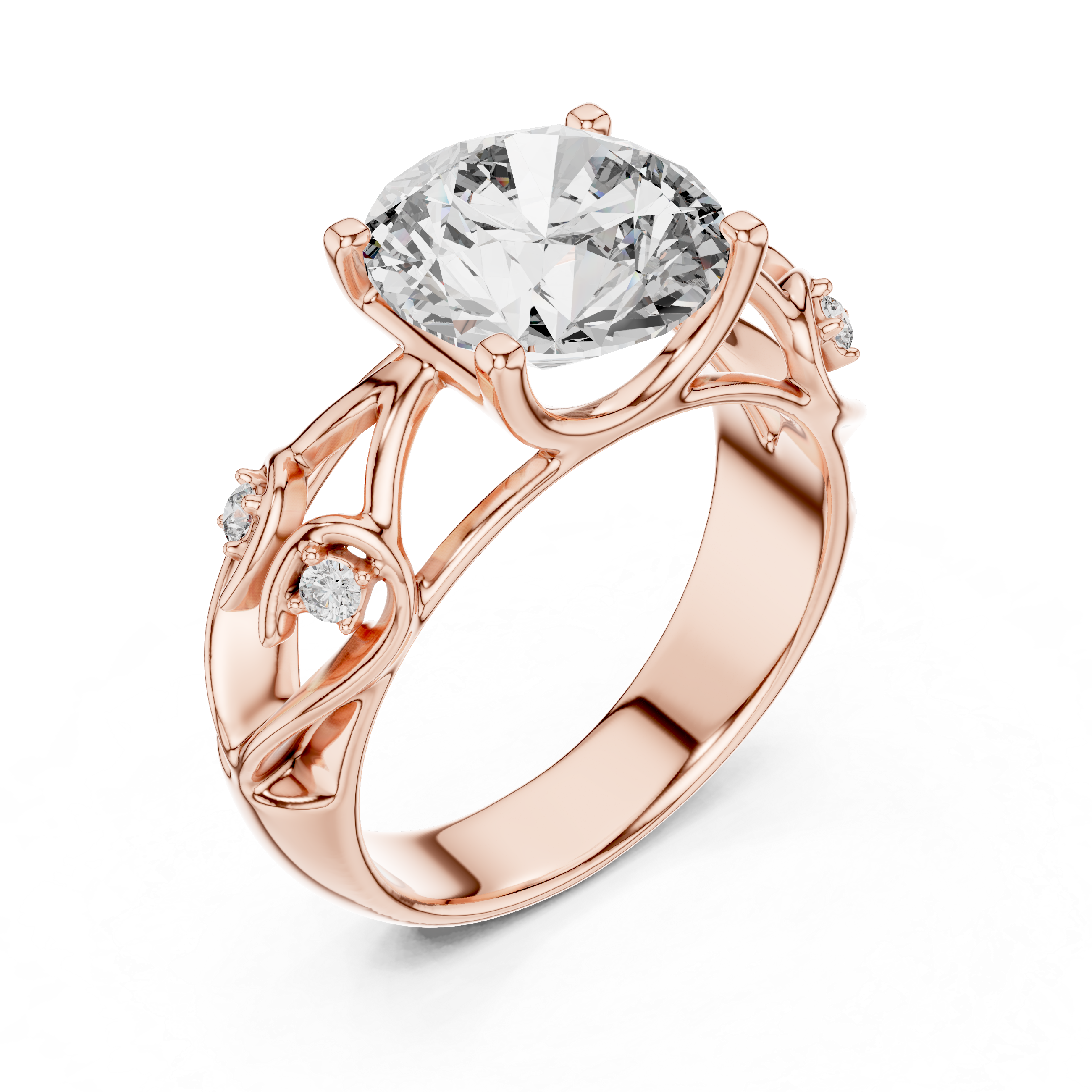 Rose gold ring with a large diamond and smaller diamonds on a white background