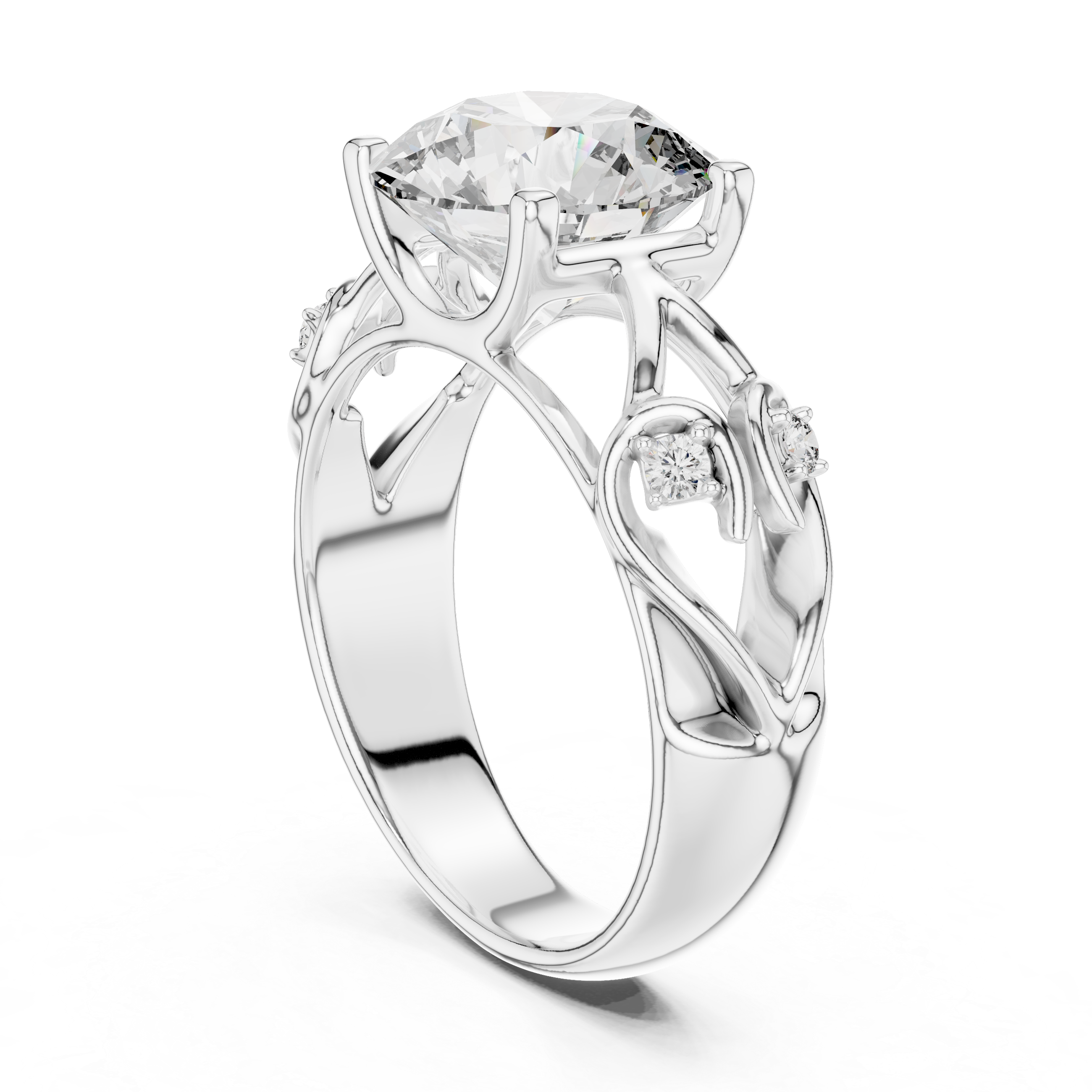 Silver ring with a large central diamond and smaller diamonds on the sides against a white background